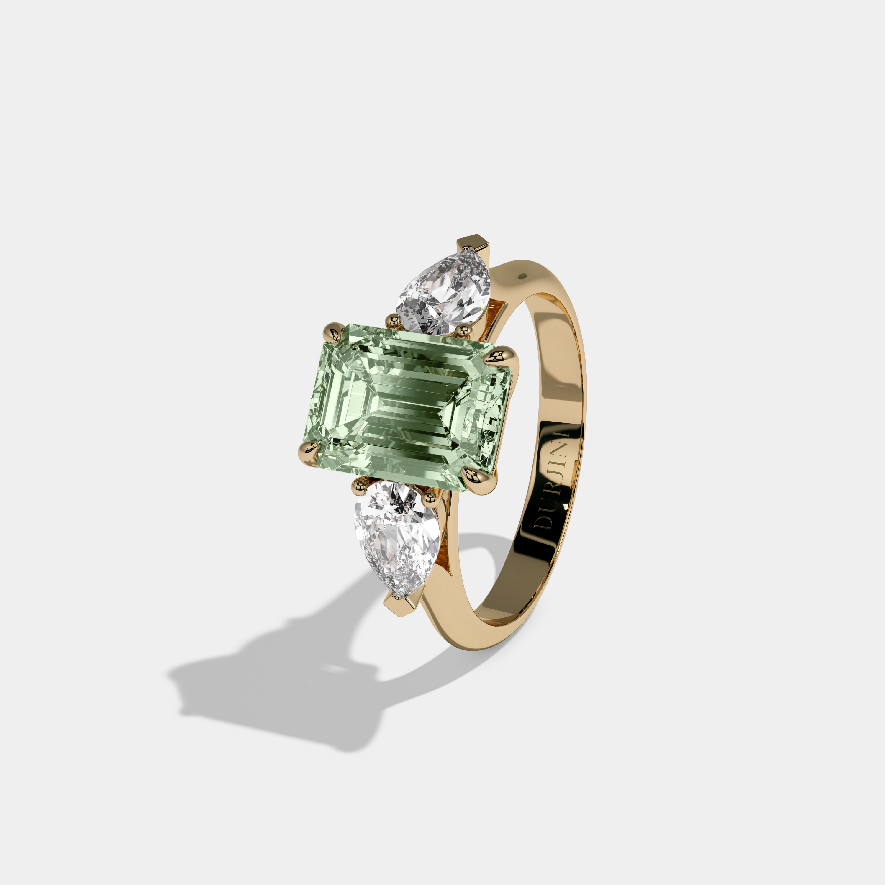 Leonora Fancy Light Green Emerald Cut Diamond Plain Band With Pear Cut Sides Engagement Ring 6ct 18K Yellow Gold