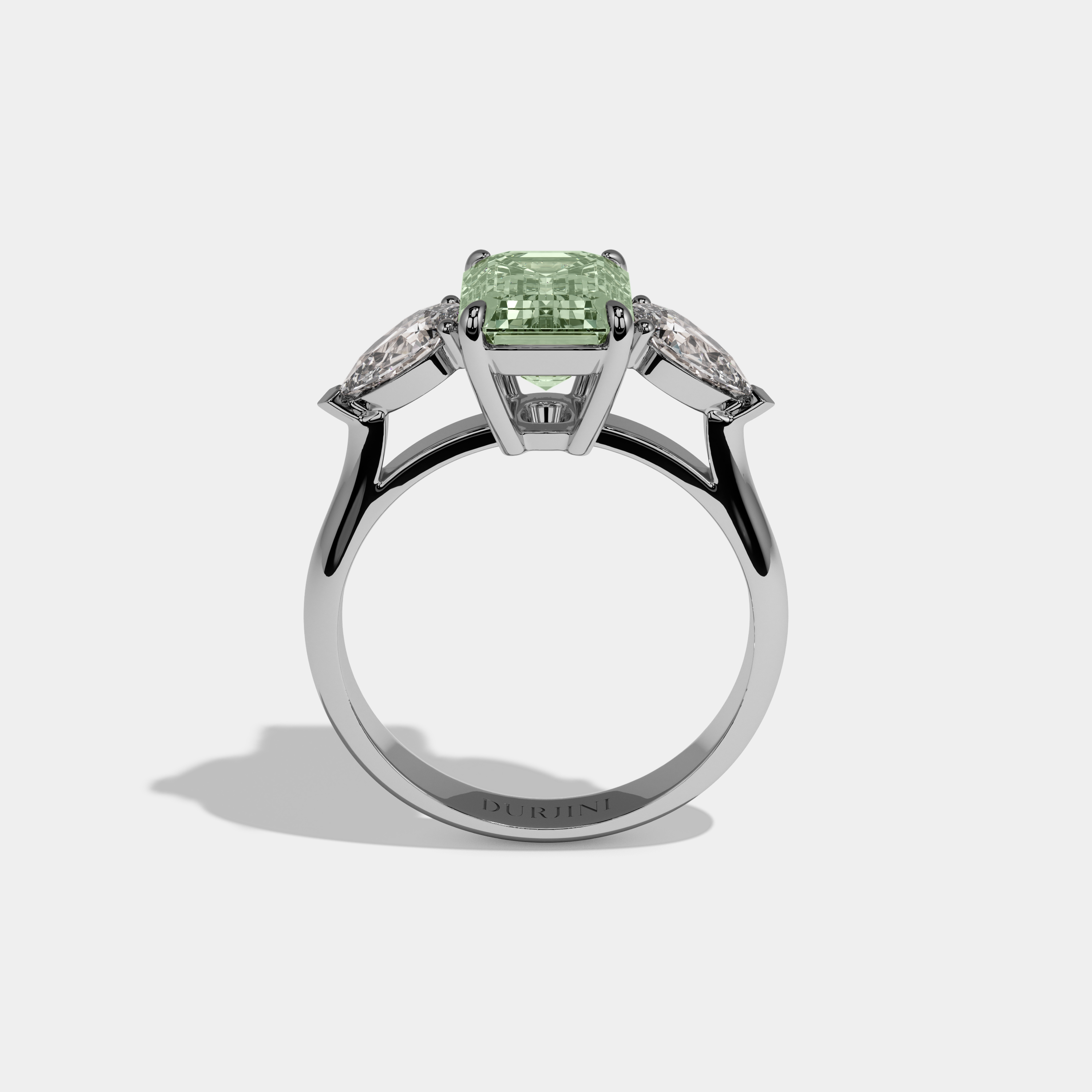 Celestine Fancy Light Green Emerald Cut Diamond Plain Band With Pear Cut Sides Engagement Ring 6ct 18K White Gold