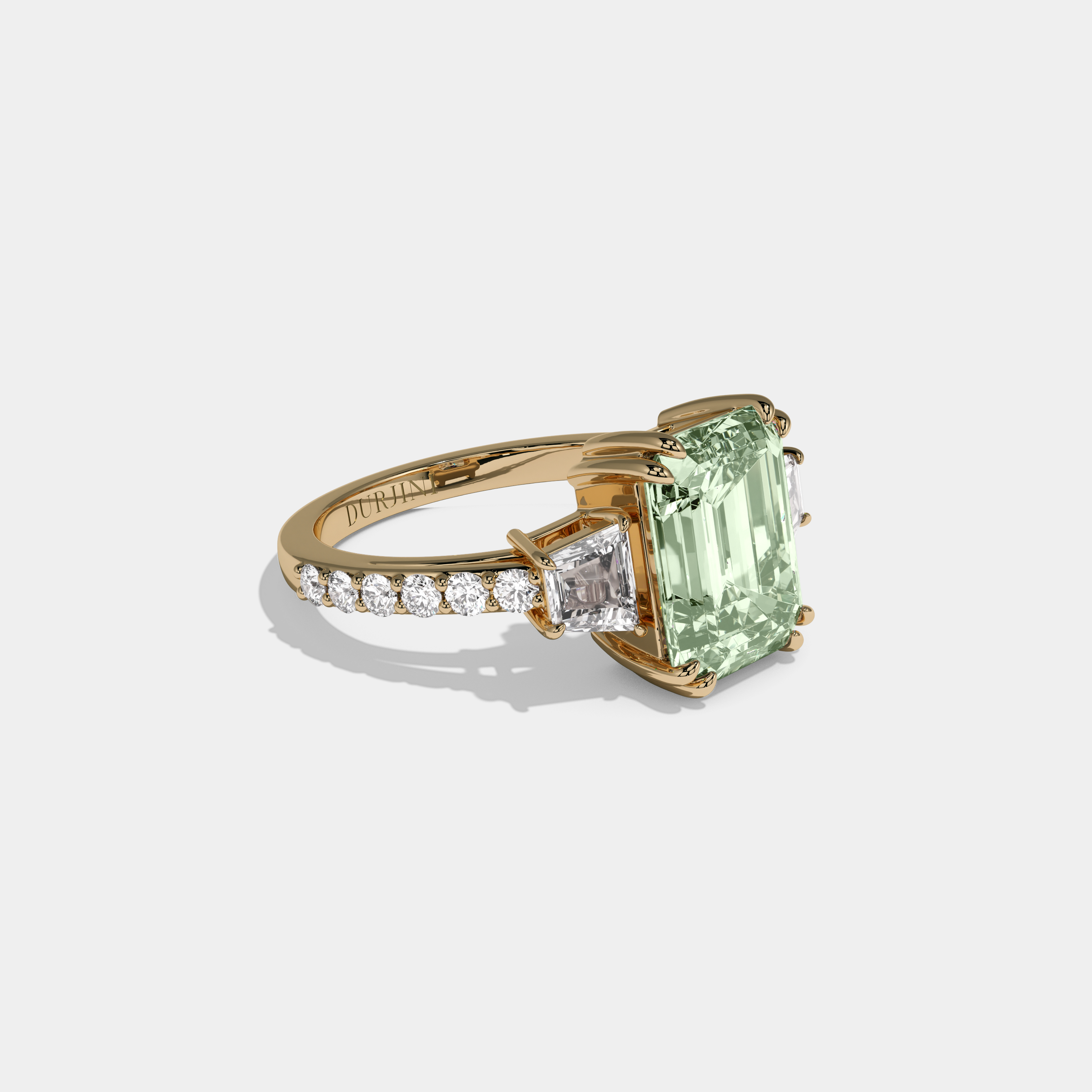 Margaret Fancy Light Green Emerald Cut Diamond Band With Step Cut Sides Engagement Ring 7ct 18K Yellow Gold