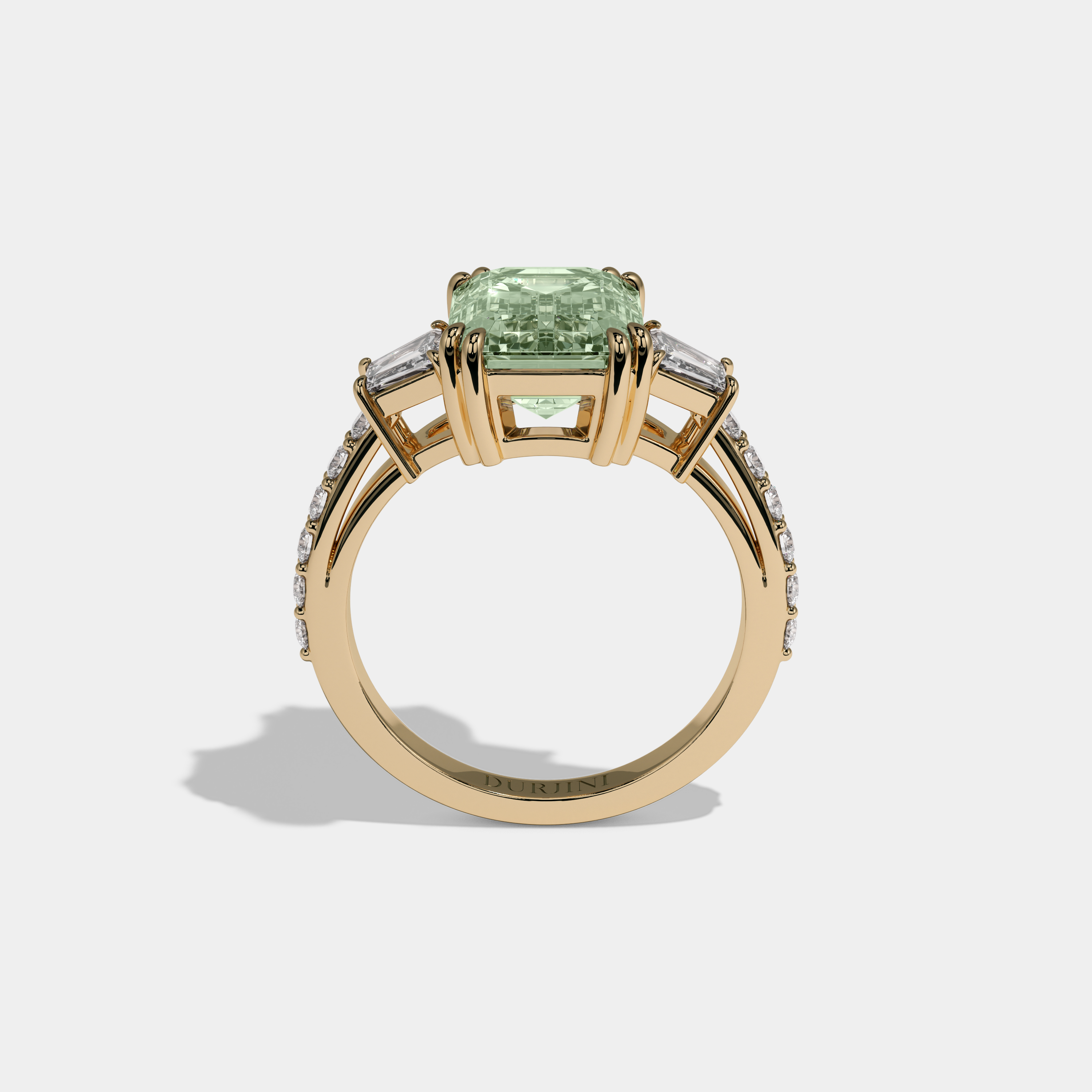 Margaret Fancy Light Green Emerald Cut Diamond Band With Step Cut Sides Engagement Ring 7ct 18K Yellow Gold