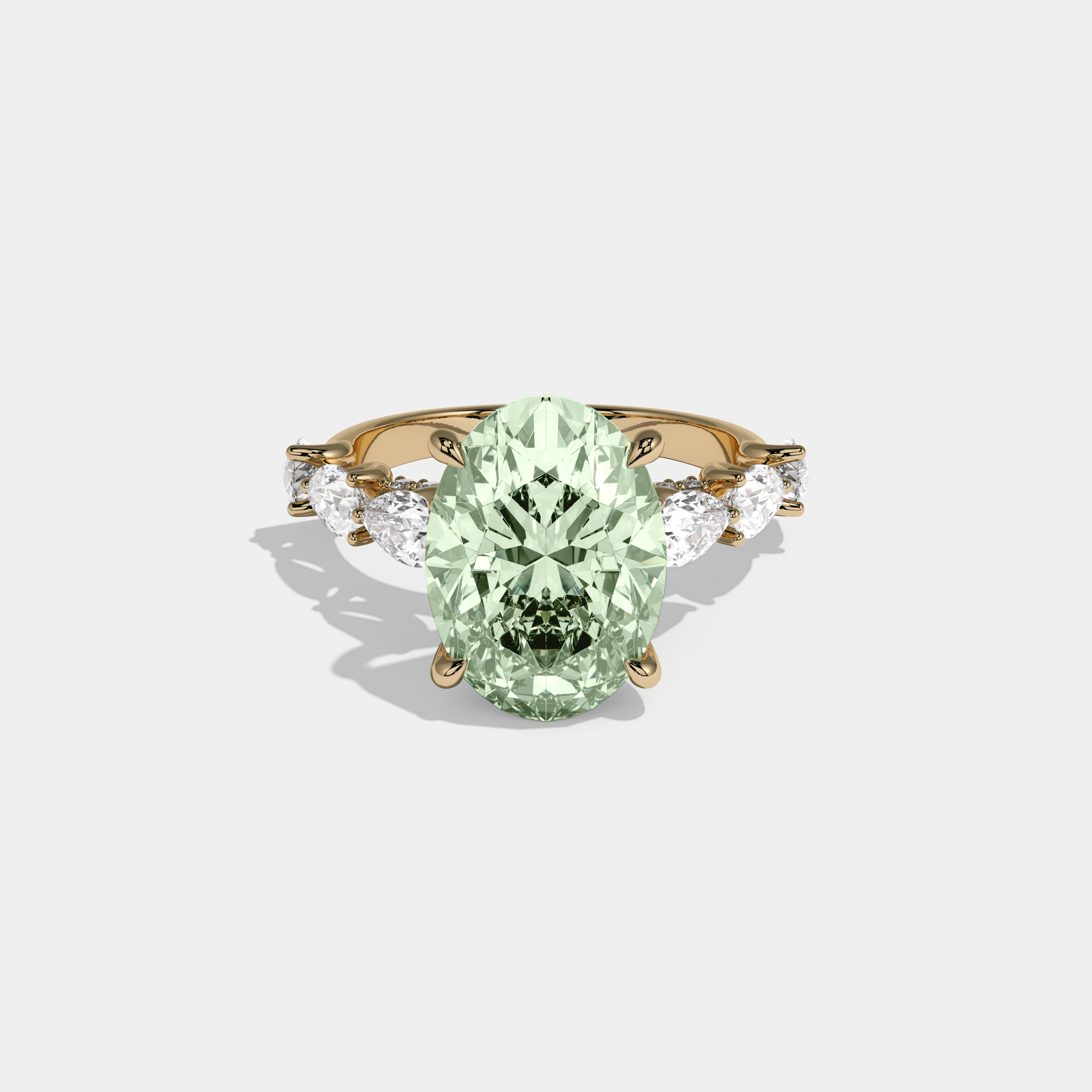 Adelaide Fancy Light Green Oval Cut Diamond Band With Pear Cuts Engagement Ring 6ct 18K Yellow Gold