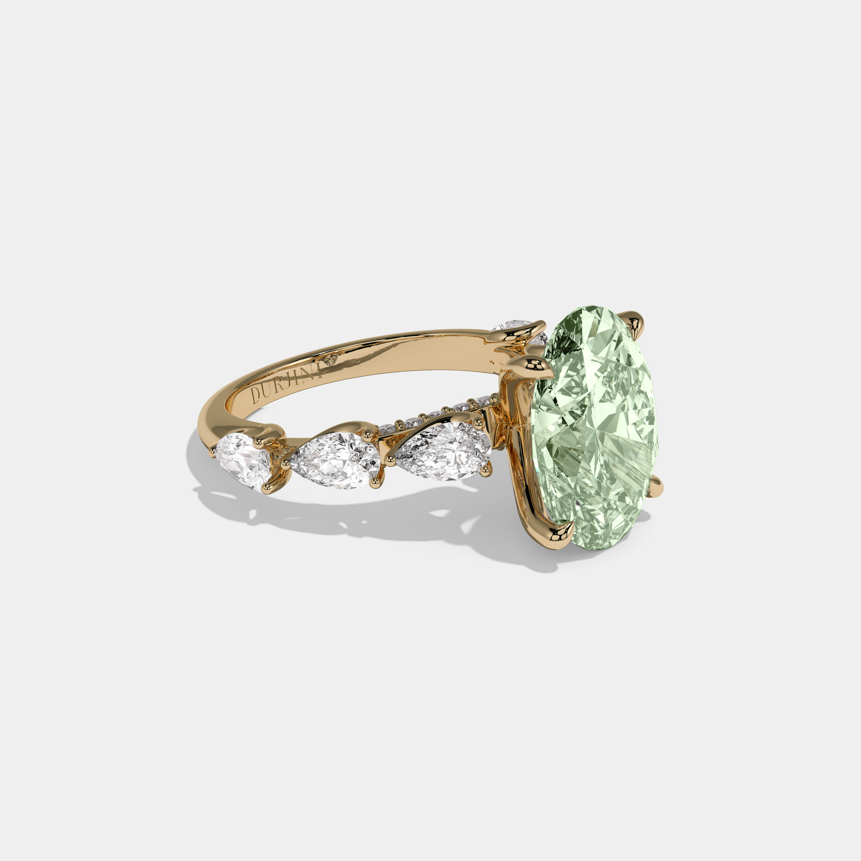 Adelaide Fancy Light Green Oval Cut Diamond Band With Pear Cuts Engagement Ring 6ct 18K Yellow Gold