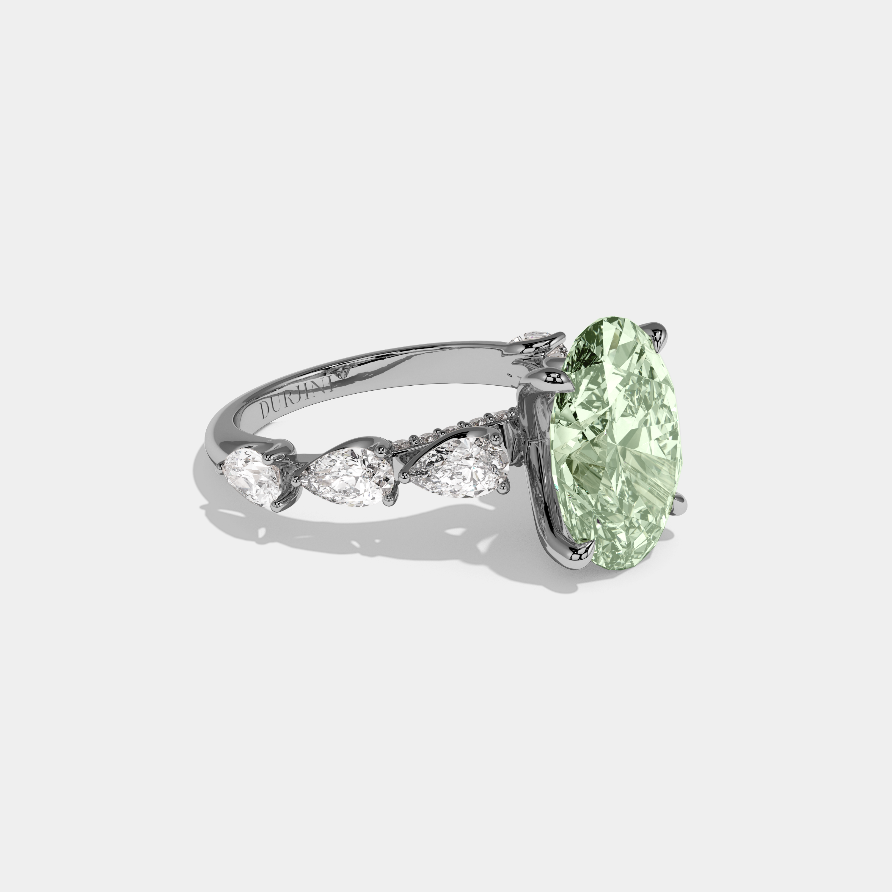Elizabeth Fancy Light Green Oval Cut Diamond Band With Pear Cuts Engagement Ring 6ct 18K White Gold