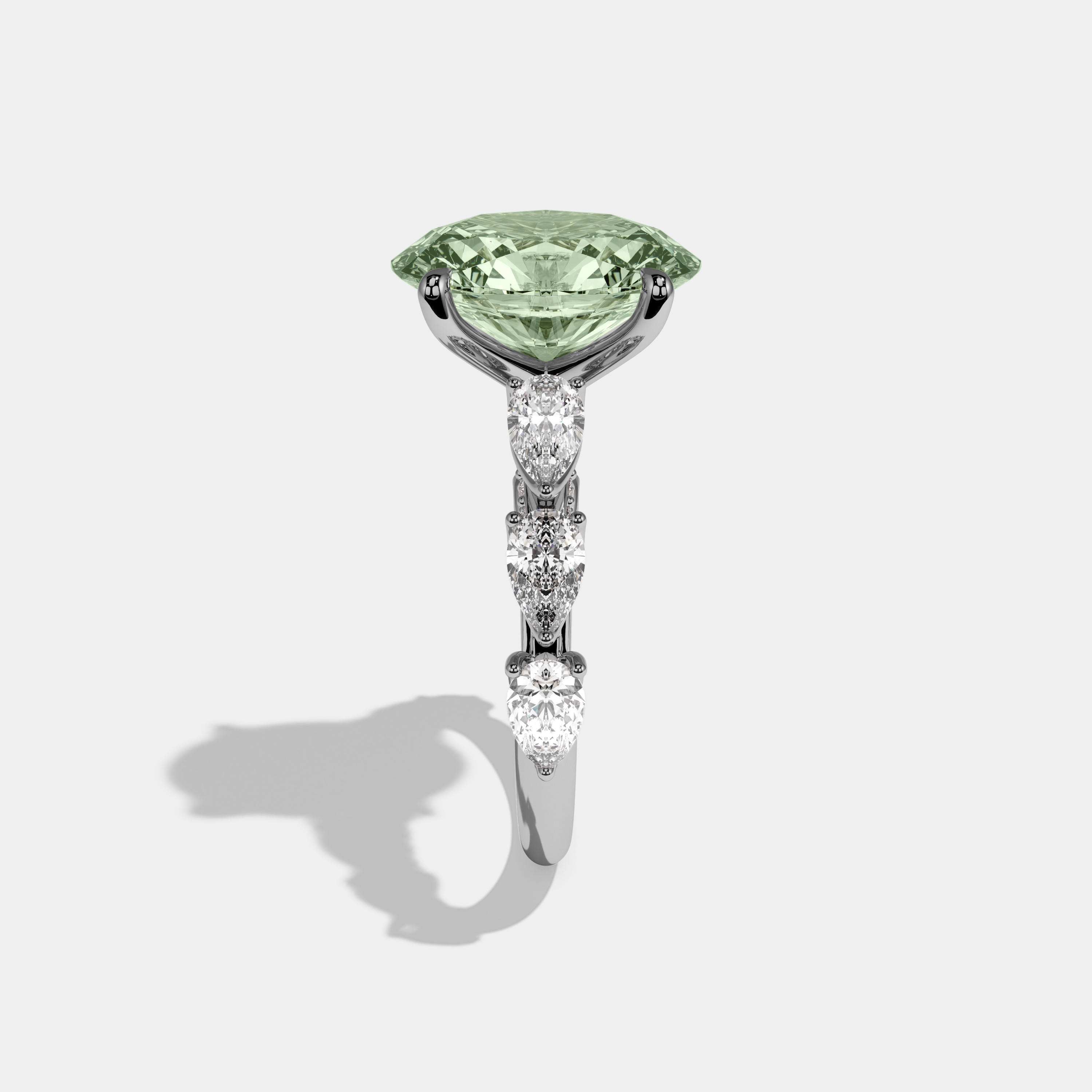 Elizabeth Fancy Light Green Oval Cut Diamond Band With Pear Cuts Engagement Ring 6ct 18K White Gold