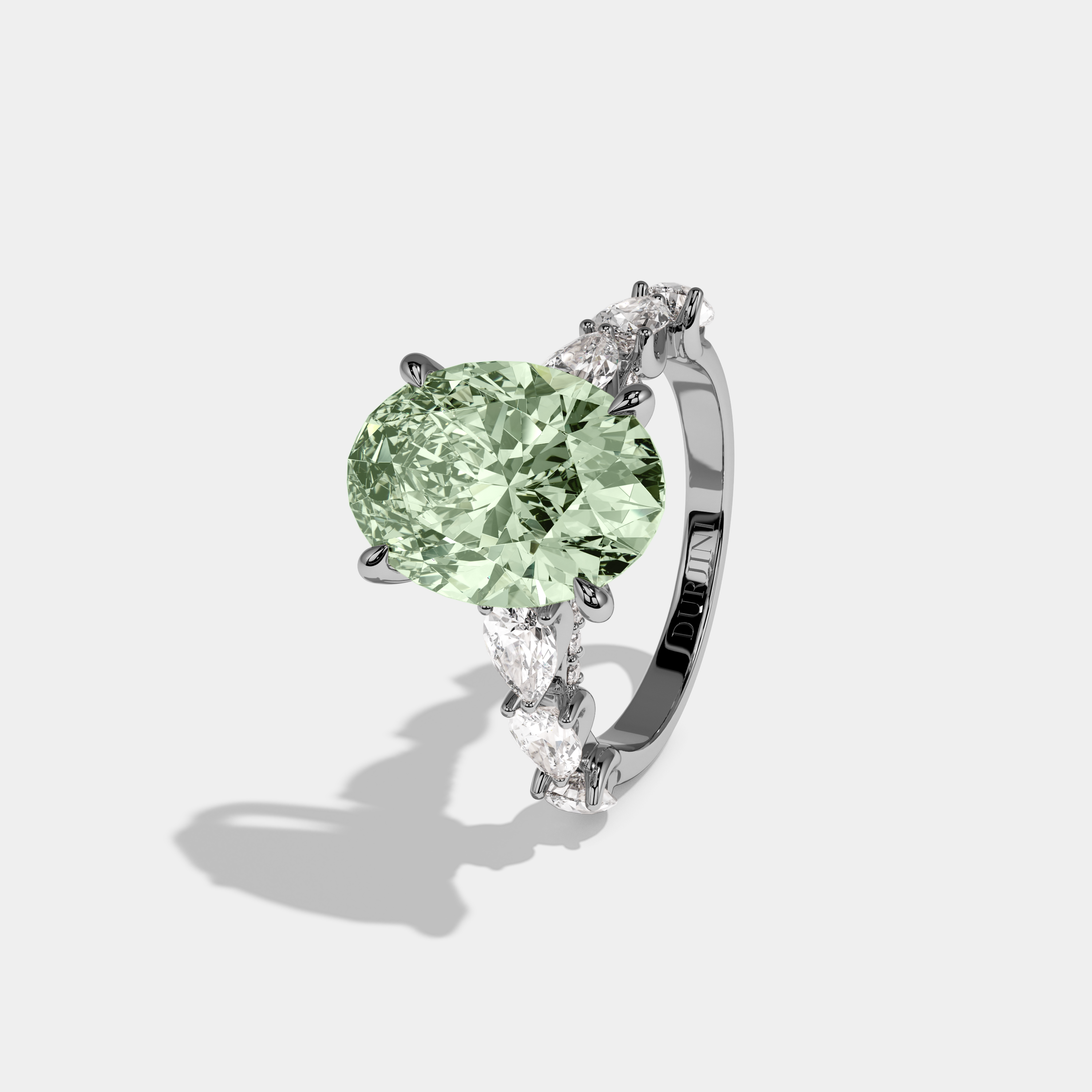 Elizabeth Fancy Light Green Oval Cut Diamond Band With Pear Cuts Engagement Ring 6ct 18K White Gold