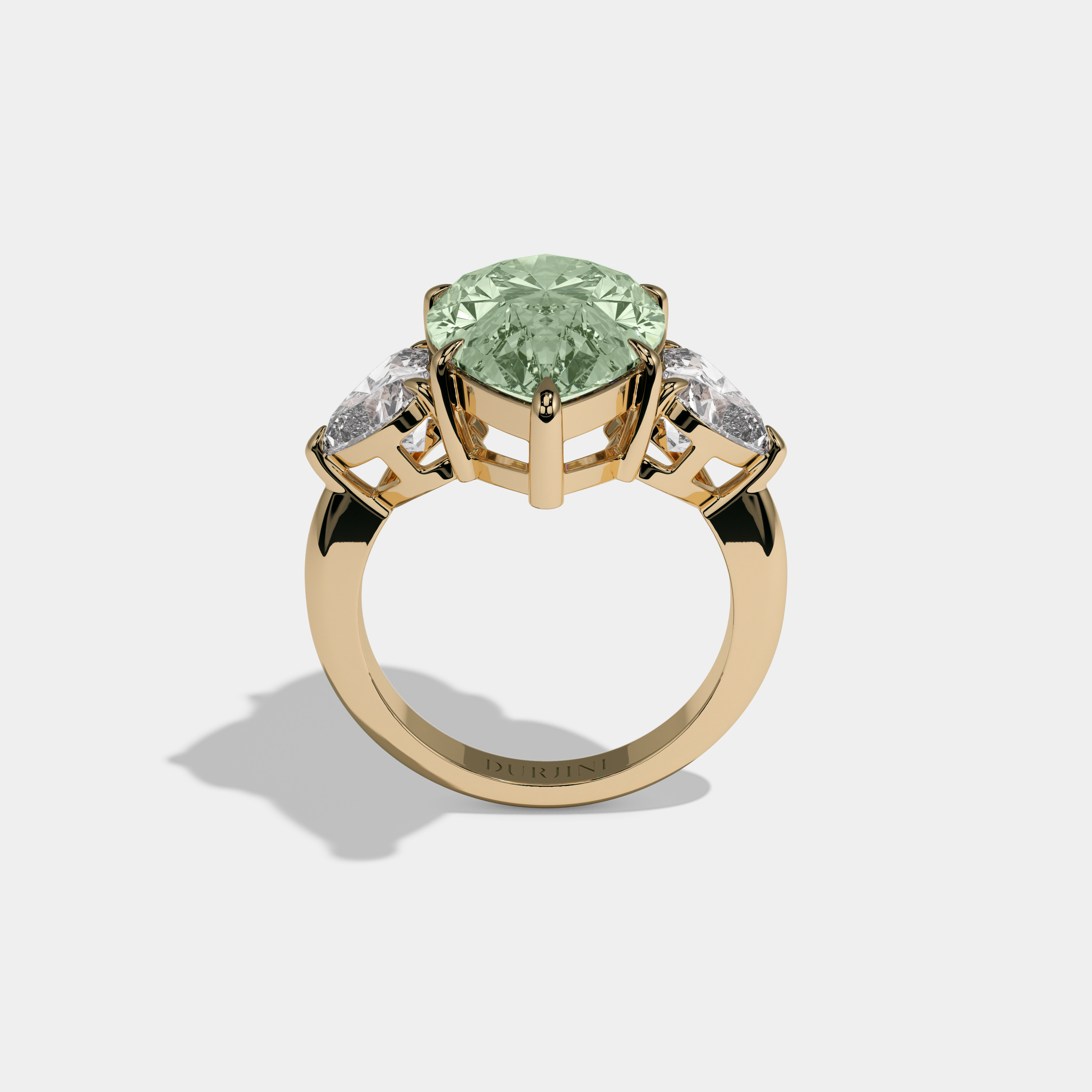 Alexandra Fancy Light Green Pear Cut Diamond Plain Band With Heart Cut Sides Engagement Ring 6ct 18K Yellow Gold