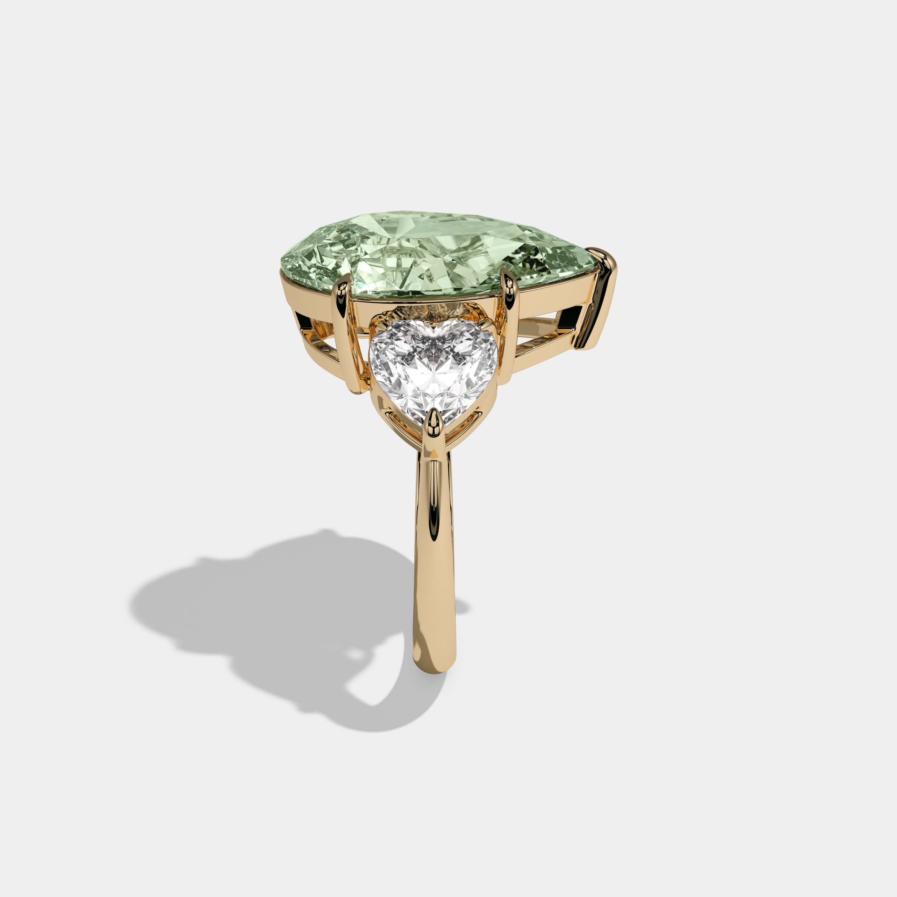 Alexandra Fancy Light Green Pear Cut Diamond Plain Band With Heart Cut Sides Engagement Ring 6ct 18K Yellow Gold
