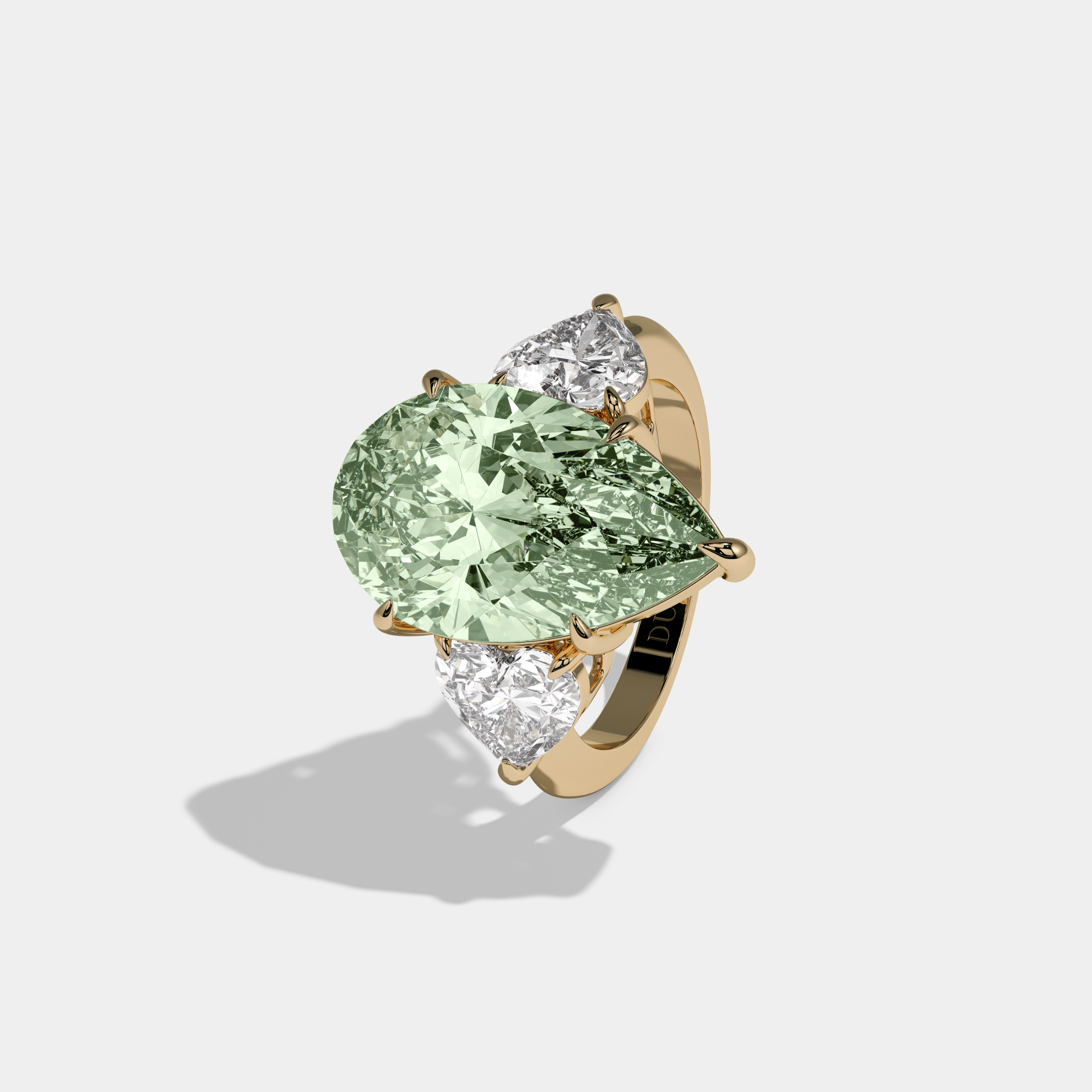 Alexandra Fancy Light Green Pear Cut Diamond Plain Band With Heart Cut Sides Engagement Ring 6ct 18K Yellow Gold