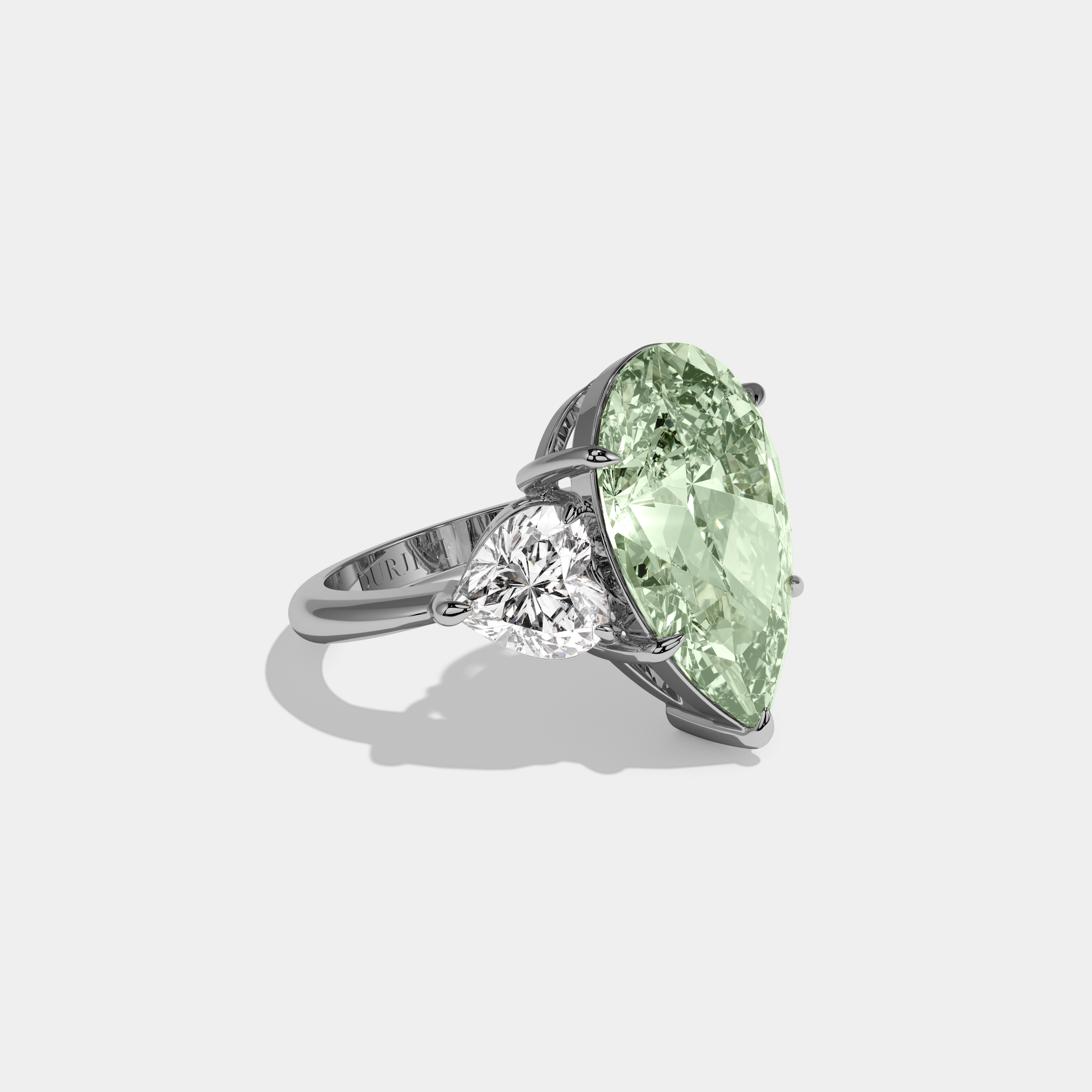 Elizabeth Fancy Light Green Pear Cut Diamond Plain Band With Heart Cut Sides Engagement Ring 6ct 18K White Gold