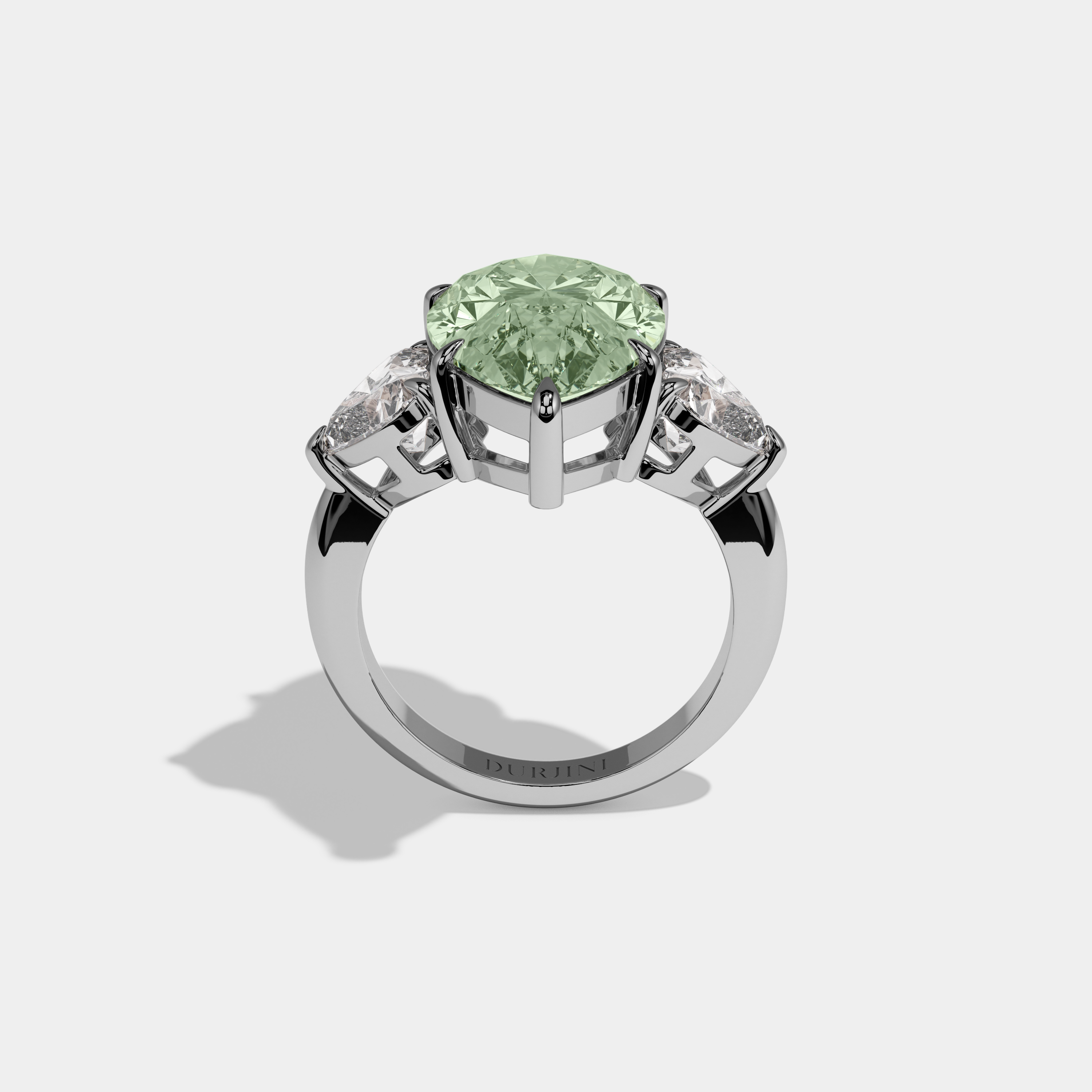 Elizabeth Fancy Light Green Pear Cut Diamond Plain Band With Heart Cut Sides Engagement Ring 6ct 18K White Gold