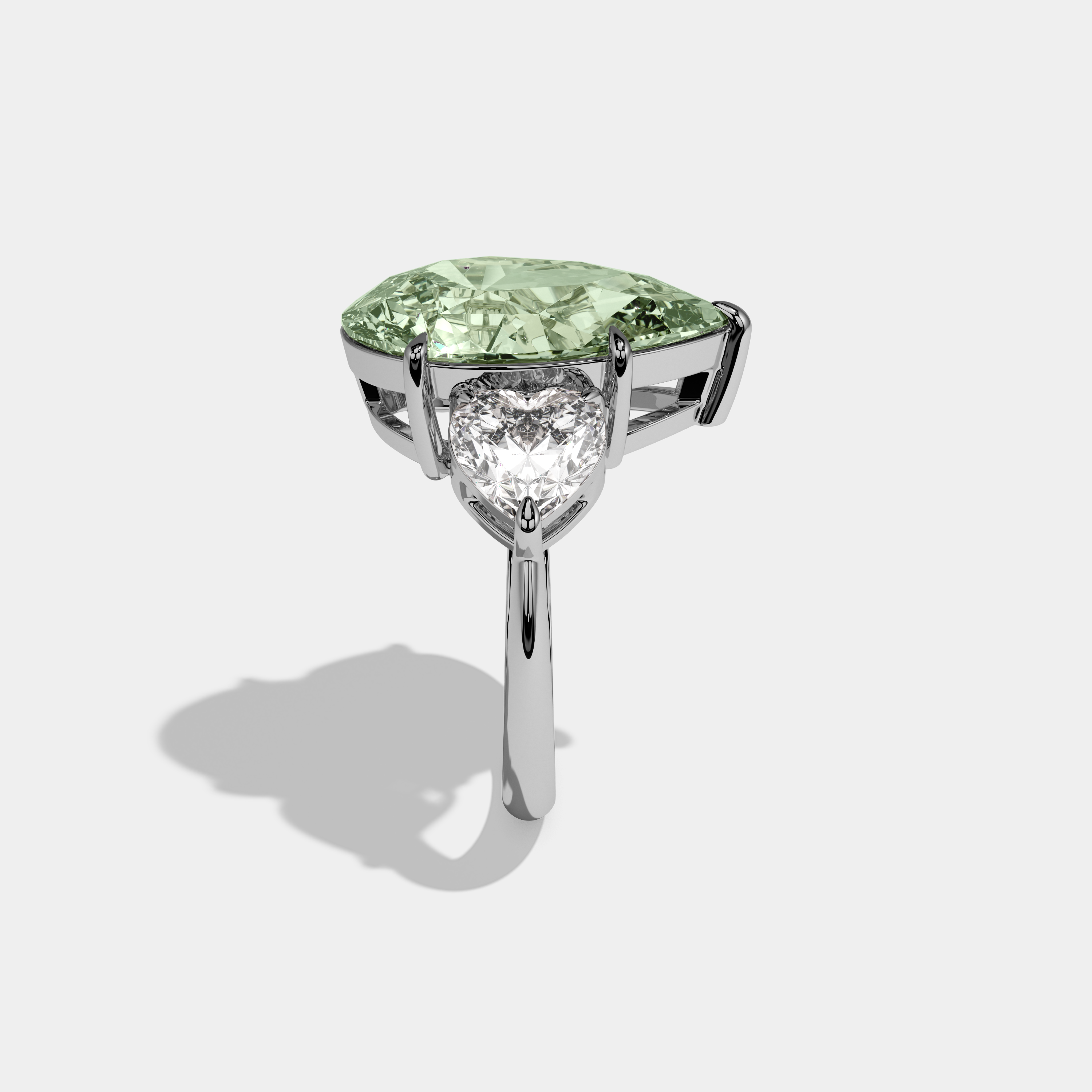 Elizabeth Fancy Light Green Pear Cut Diamond Plain Band With Heart Cut Sides Engagement Ring 6ct 18K White Gold