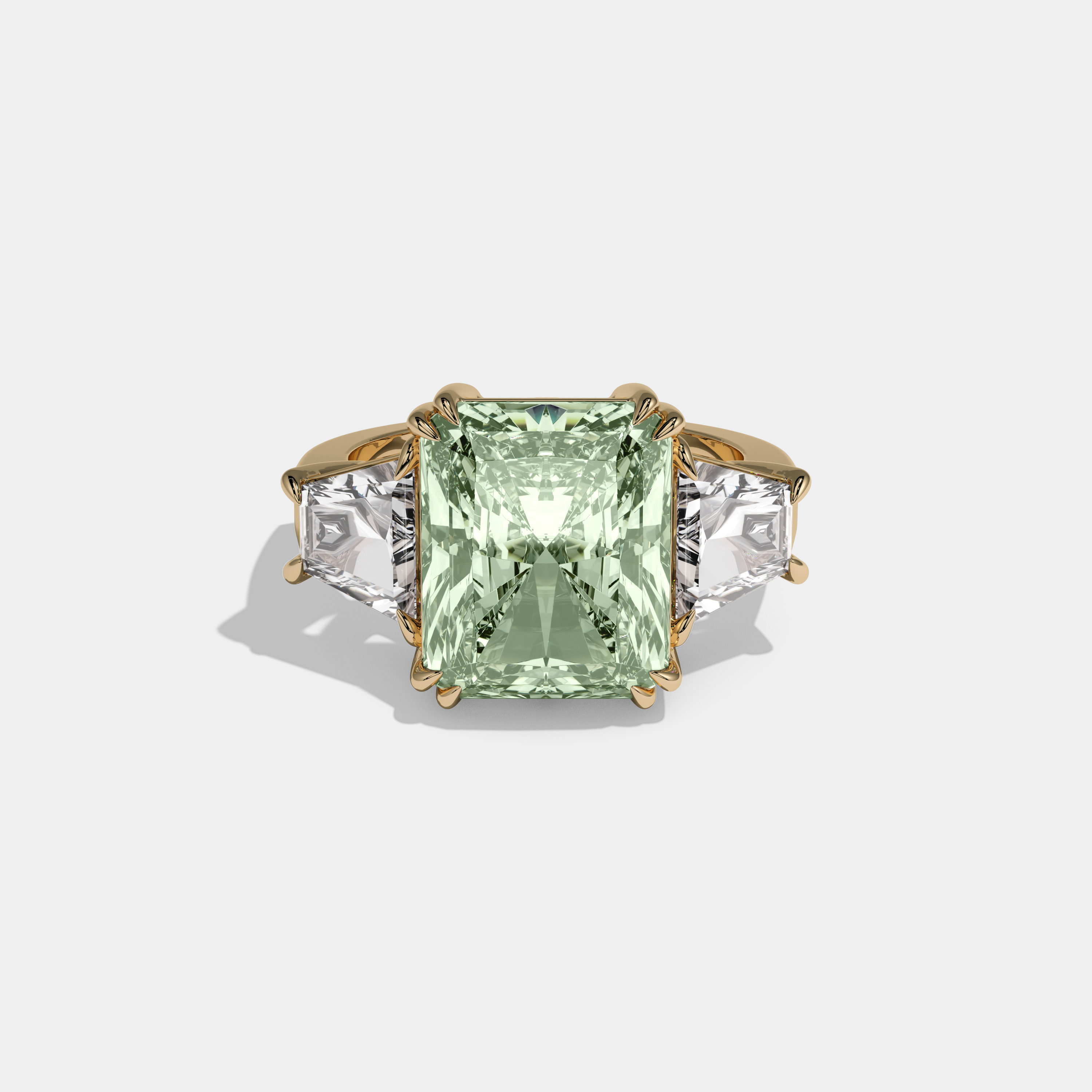 Alice Fancy Light Green Radiant Cut Diamond Plain Band With Trapezoid Sides Engagement Ring 7ct 18K Yellow Gold