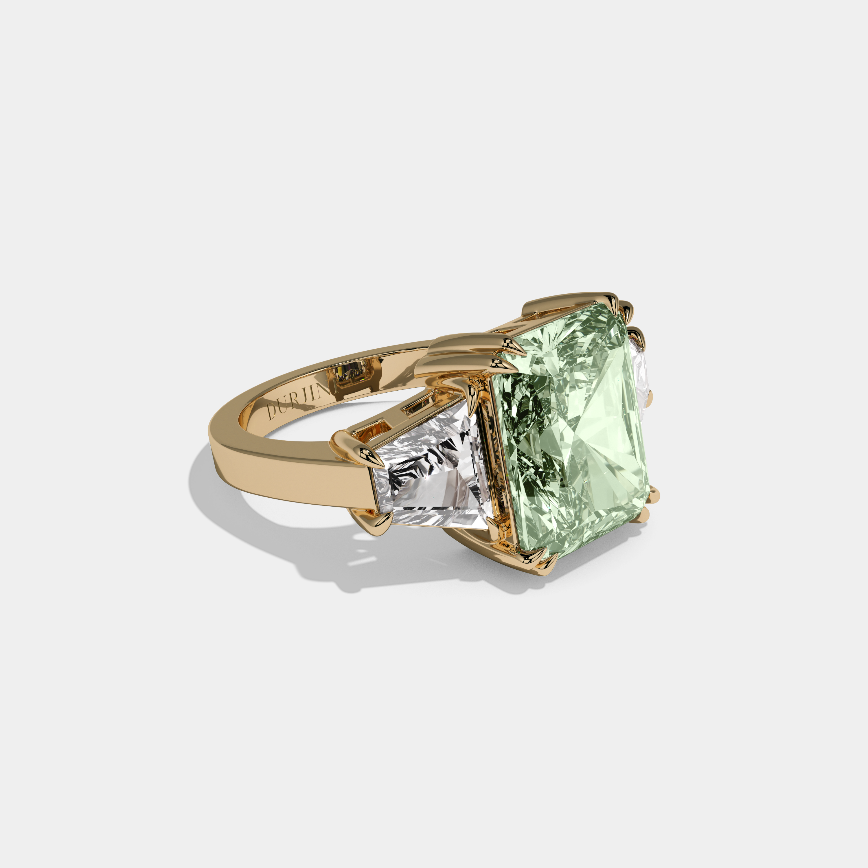 Alice Fancy Light Green Radiant Cut Diamond Plain Band With Trapezoid Sides Engagement Ring 7ct 18K Yellow Gold