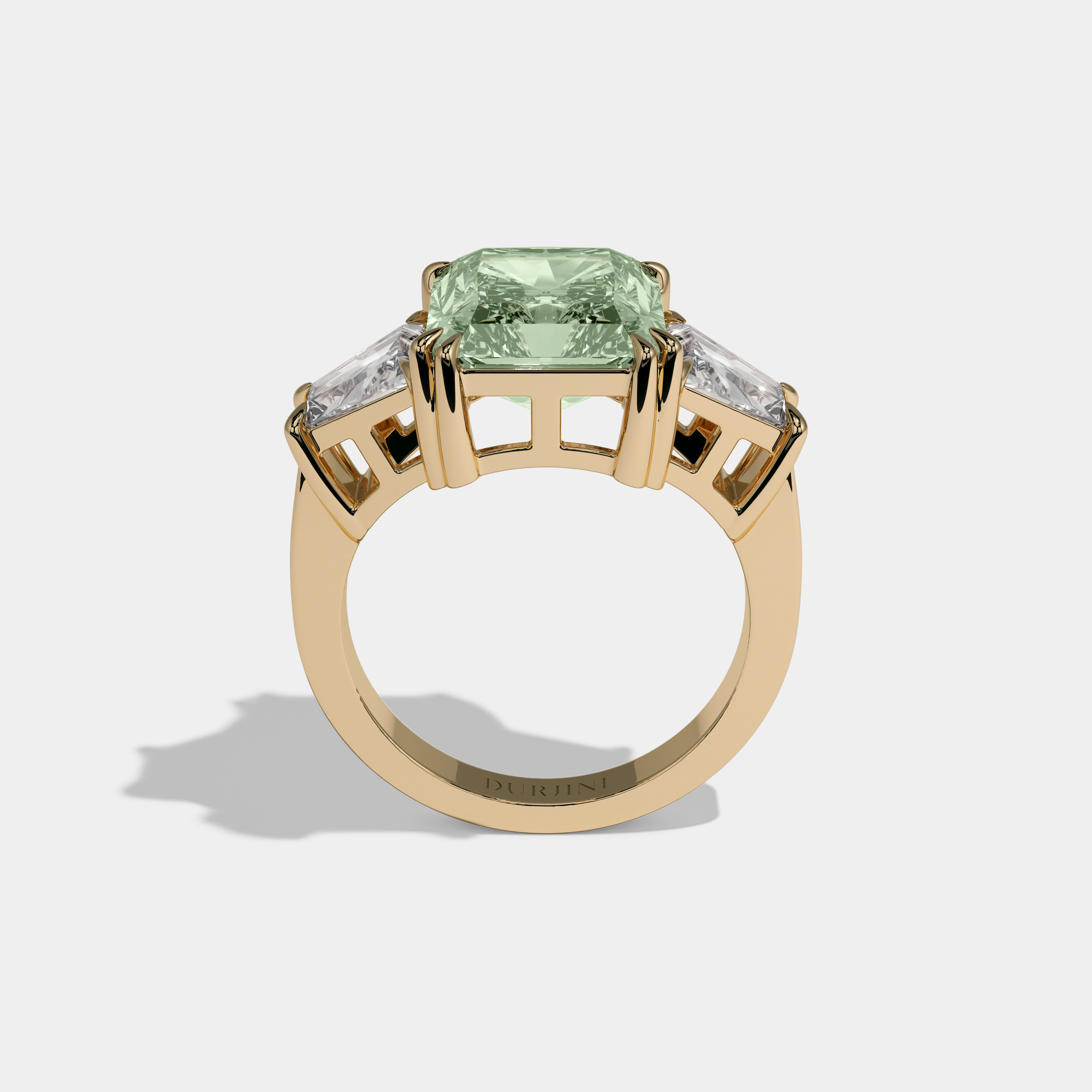 Alice Fancy Light Green Radiant Cut Diamond Plain Band With Trapezoid Sides Engagement Ring 7ct 18K Yellow Gold