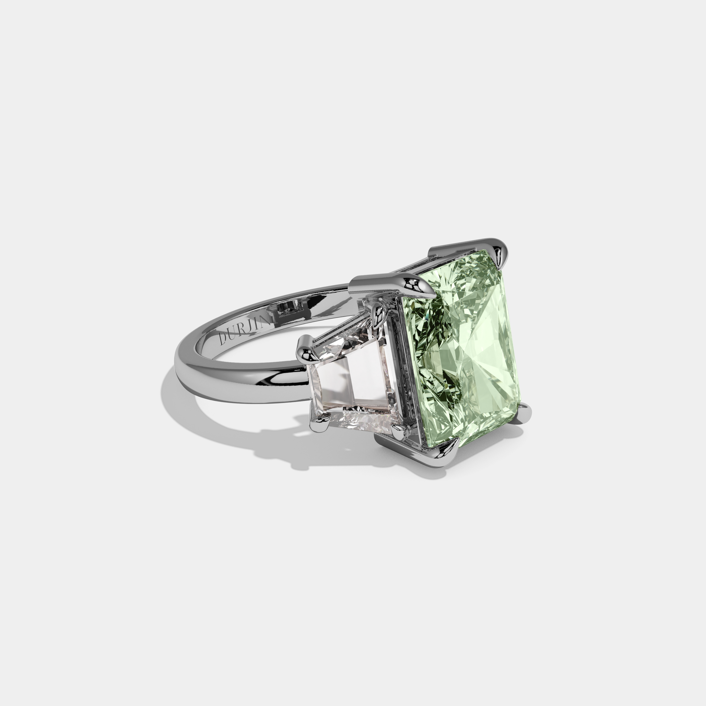Charlotte Fancy Light Green Radiant Cut Diamond Plain Band With Step Cut Sides Engagement Ring 8ct 18K White Gold