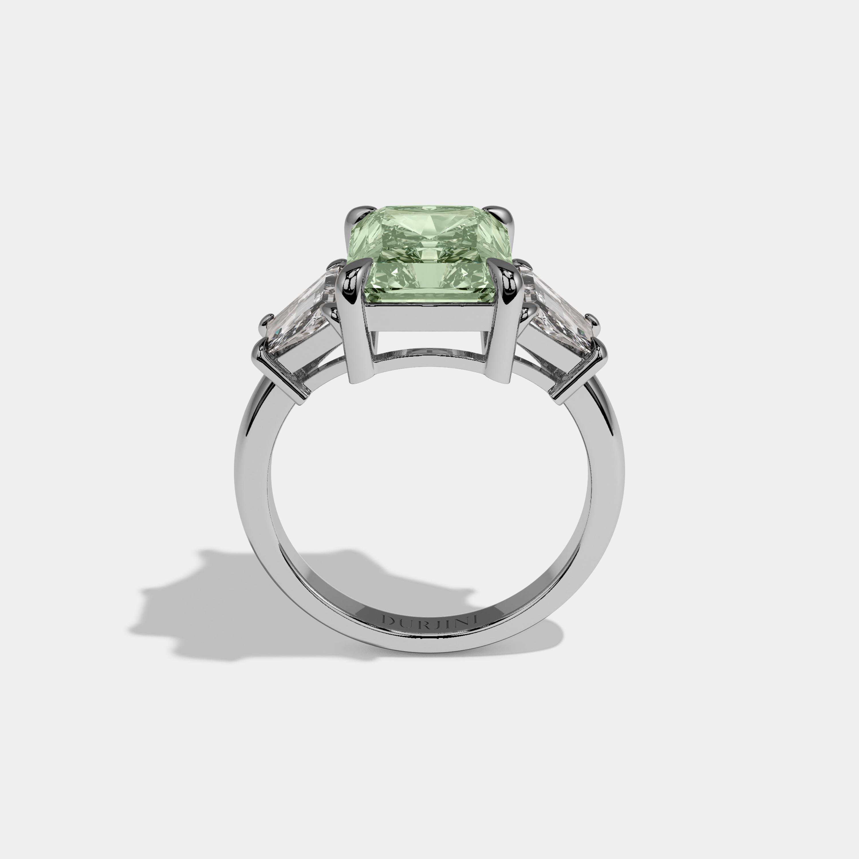Charlotte Fancy Light Green Radiant Cut Diamond Plain Band With Step Cut Sides Engagement Ring 8ct 18K White Gold