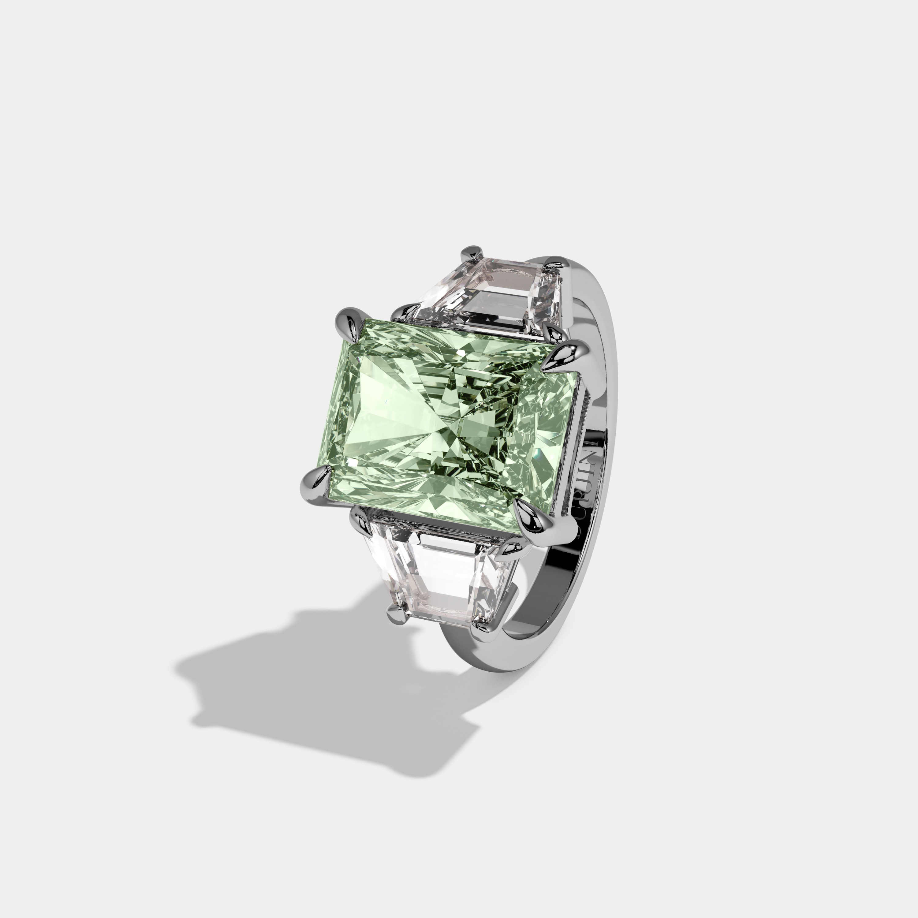 Charlotte Fancy Light Green Radiant Cut Diamond Plain Band With Step Cut Sides Engagement Ring 8ct 18K White Gold