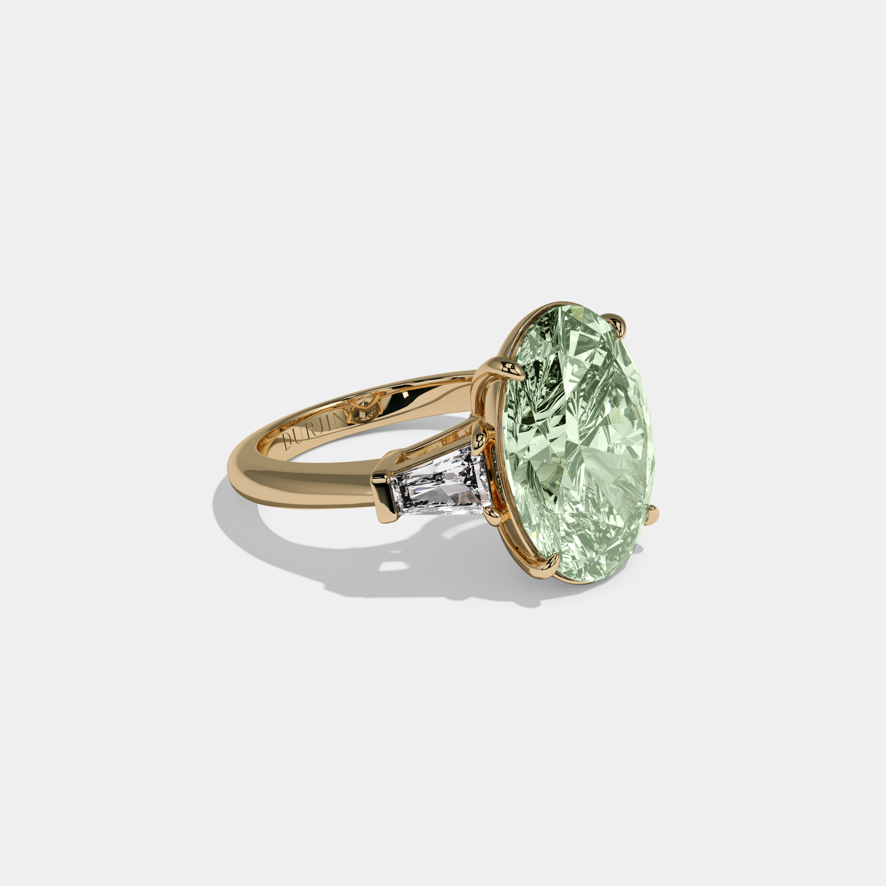 Beatrice Fancy Light Green Oval Cut Diamond Plain Band With Tapered Baguette Cut Sides Engagement Ring 8ct 18K Yellow Gold