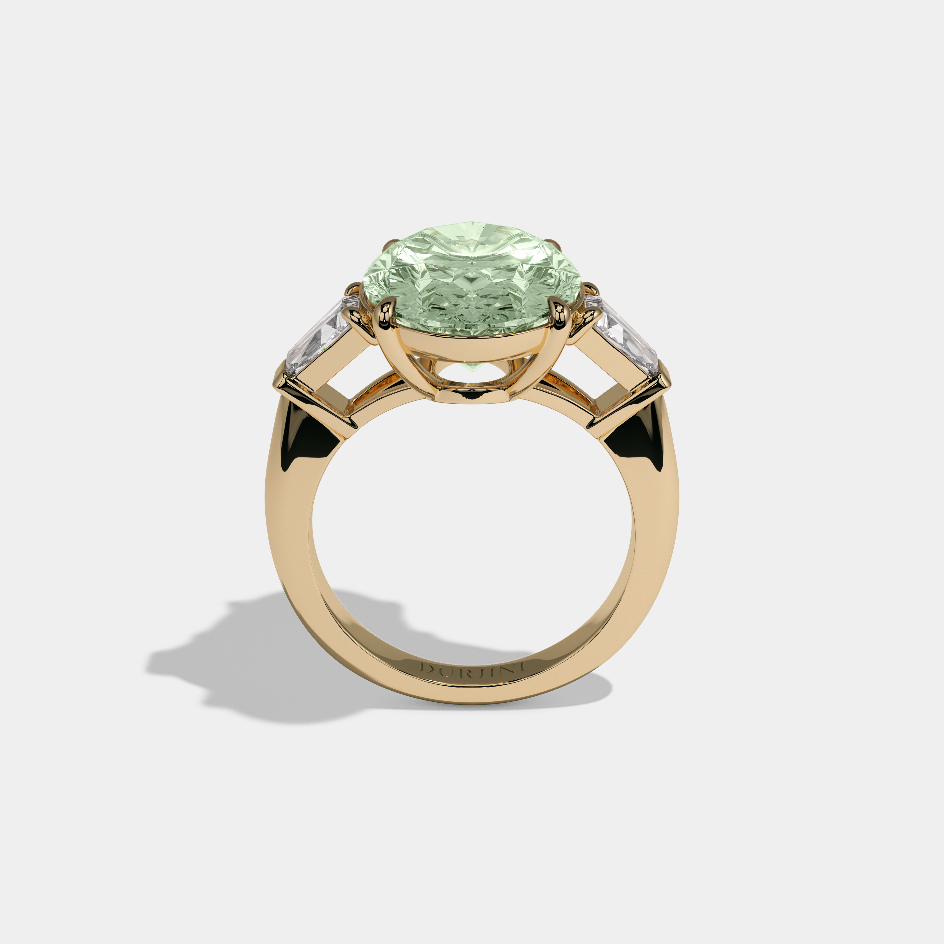 Beatrice Fancy Light Green Oval Cut Diamond Plain Band With Tapered Baguette Cut Sides Engagement Ring 8ct 18K Yellow Gold