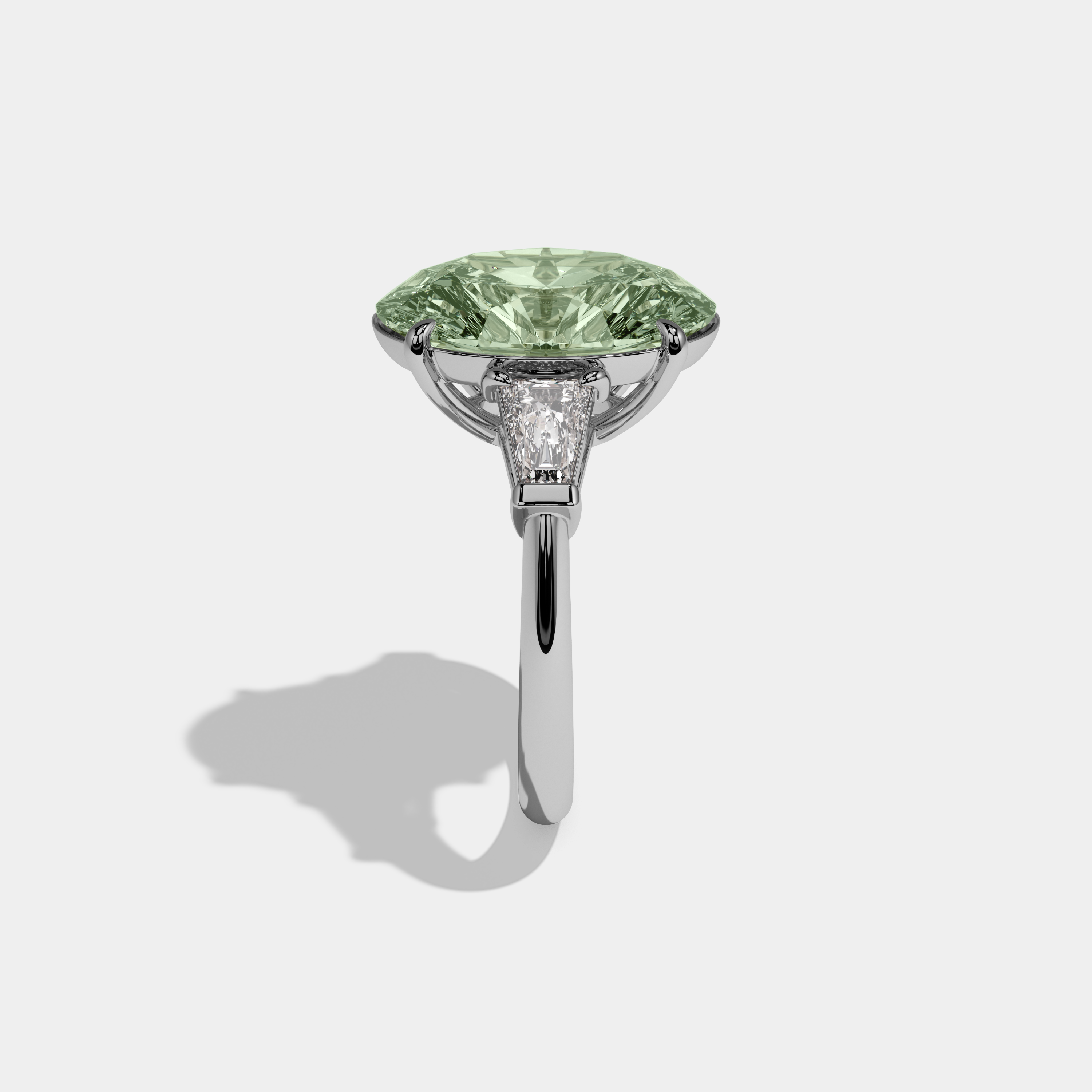 Charlotte Fancy Light Green Oval Cut Diamond Plain Band With Tapered Baguette Cut Sides Engagement Ring 8ct 18K White Gold
