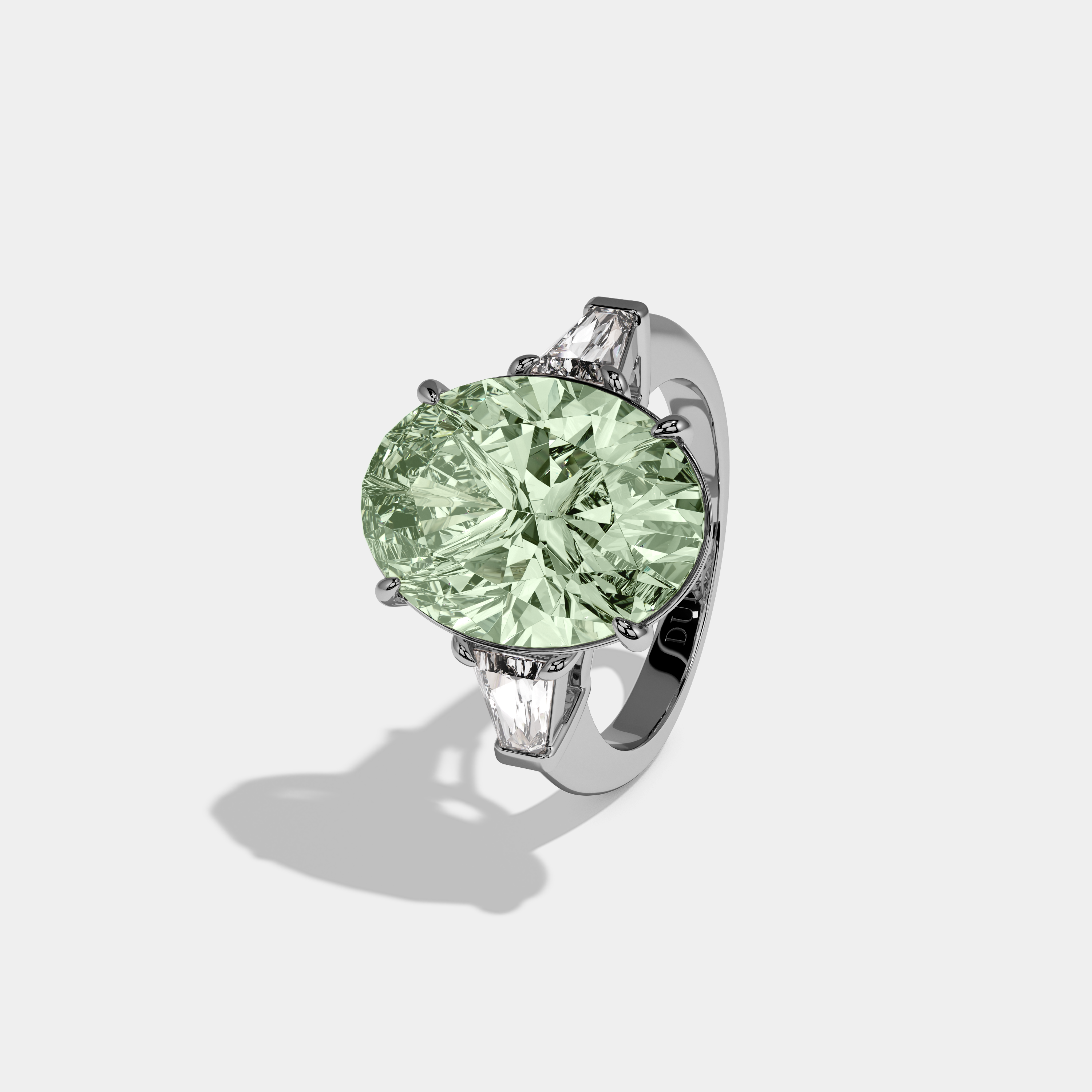 Charlotte Fancy Light Green Oval Cut Diamond Plain Band With Tapered Baguette Cut Sides Engagement Ring 8ct 18K White Gold