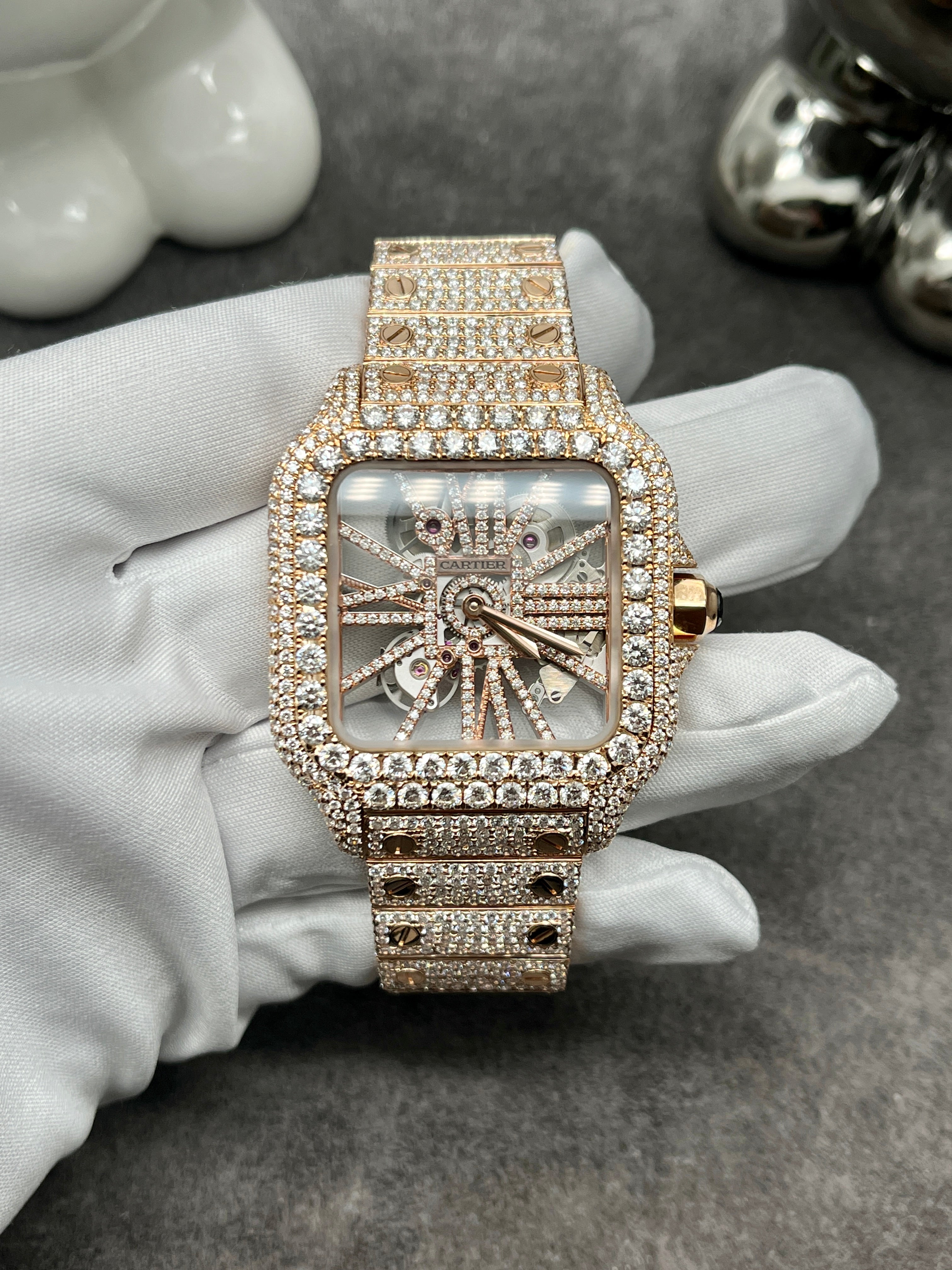 Cartier Santos XL Skeleton Diamond Pave Set Rose Gold WHSA0015