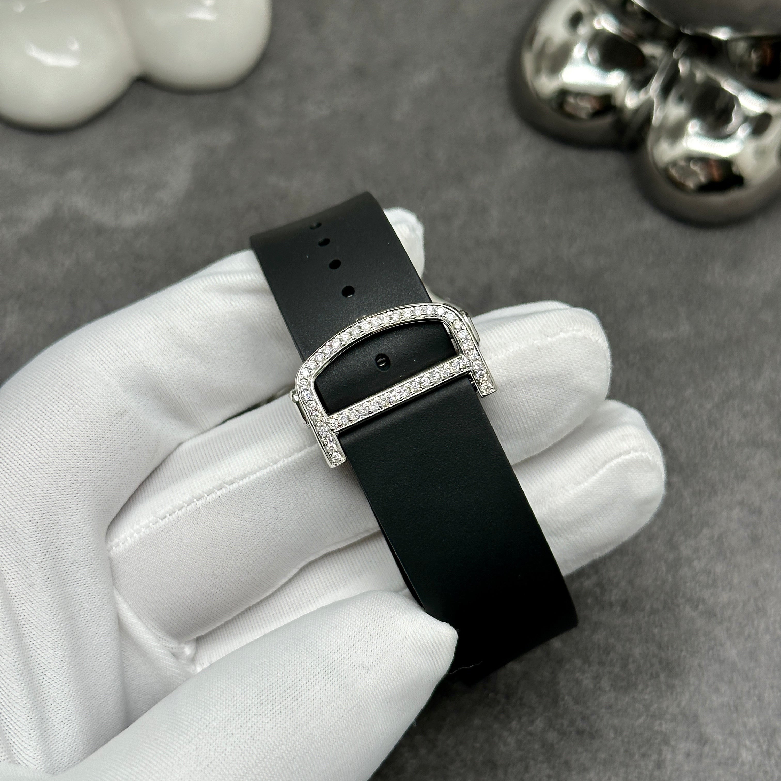 Custom Cartier Santos XL Diamond Pave Set w/Leather Band