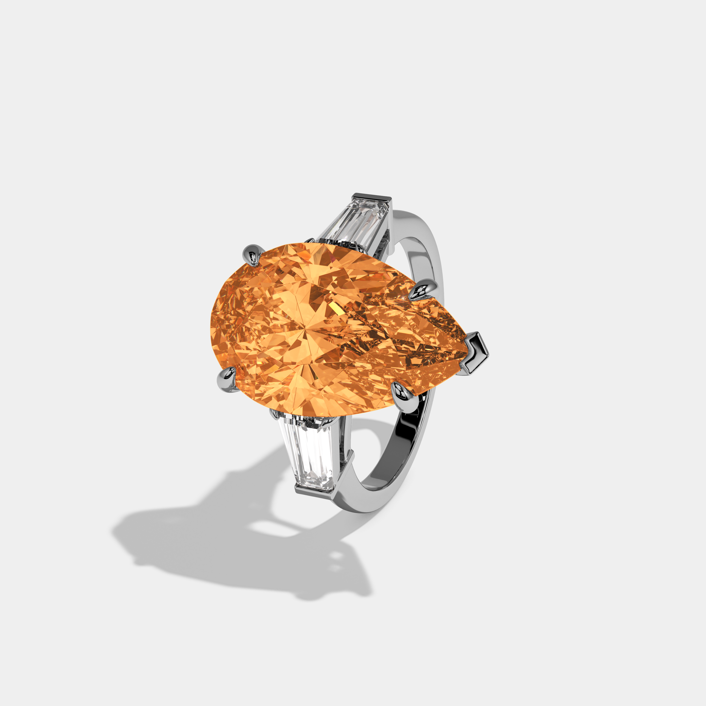 Sophia Fancy Orange Pear Cut Diamond Plain Band With Baguette Cut Sides Engagement Ring 8ct 18k White Gold