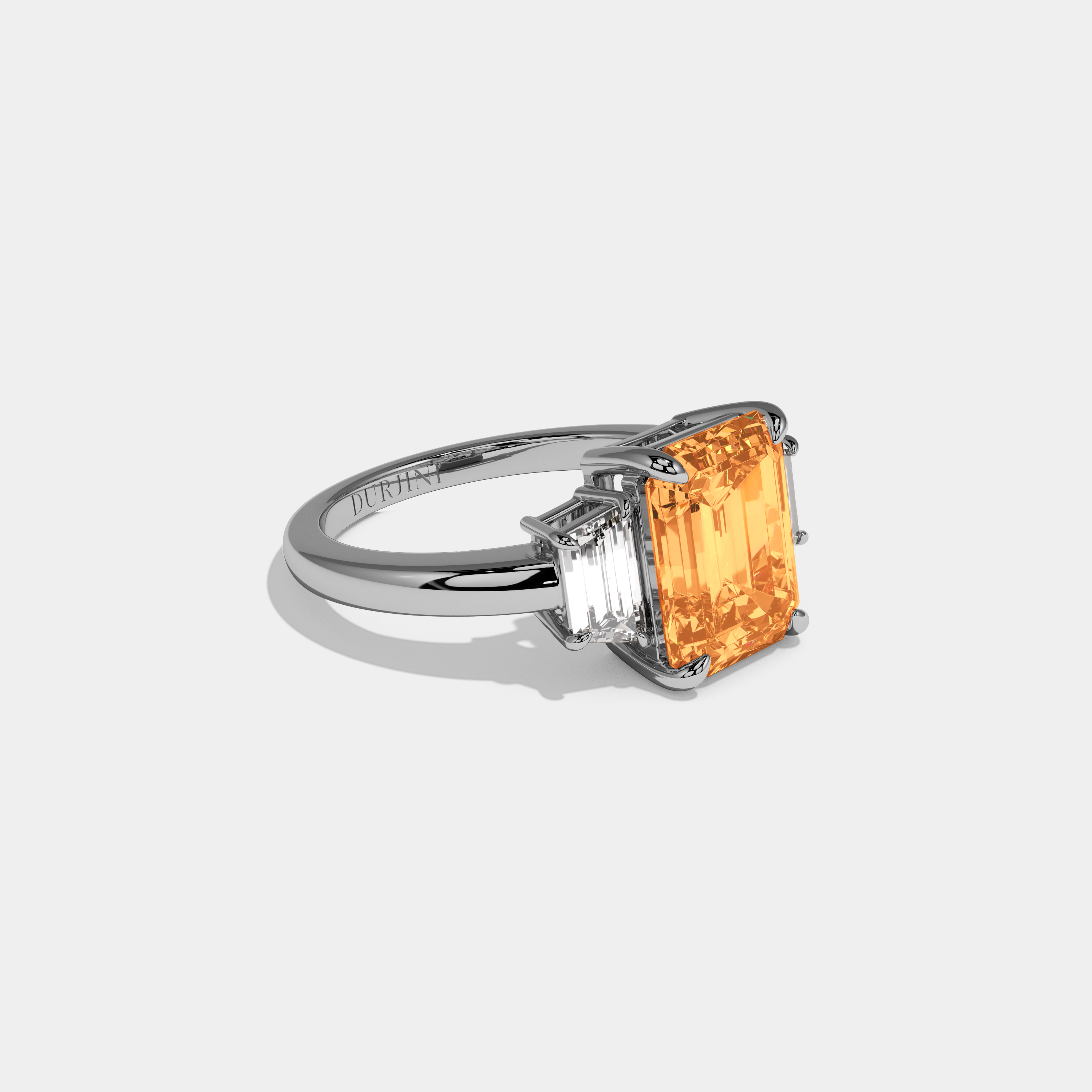 Louisa Fancy Orange Emerald Cut Diamond Plain Band With Step Cut Sides Engagement Ring 8ct 18k White Gold
