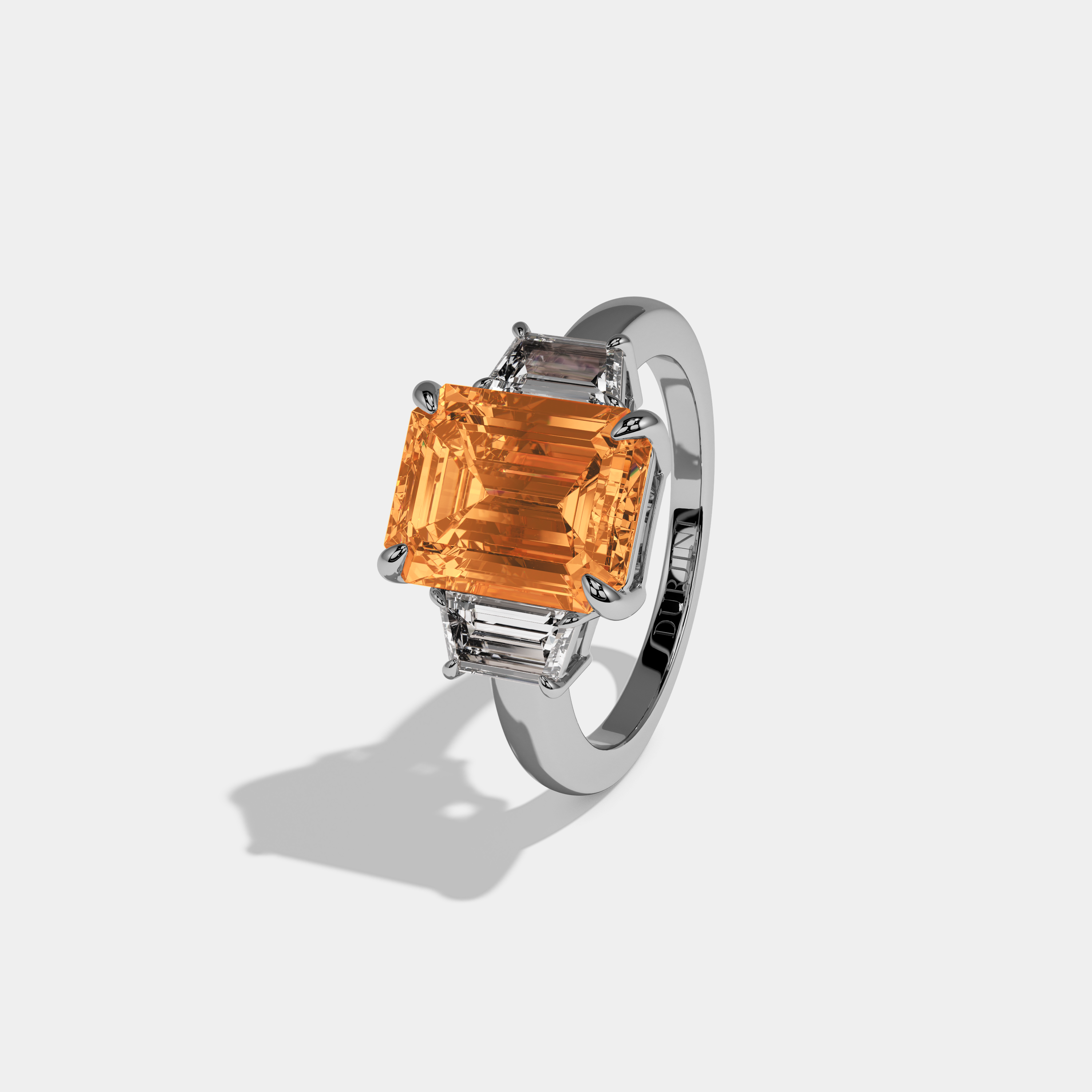 Louisa Fancy Orange Emerald Cut Diamond Plain Band With Step Cut Sides Engagement Ring 8ct 18k White Gold