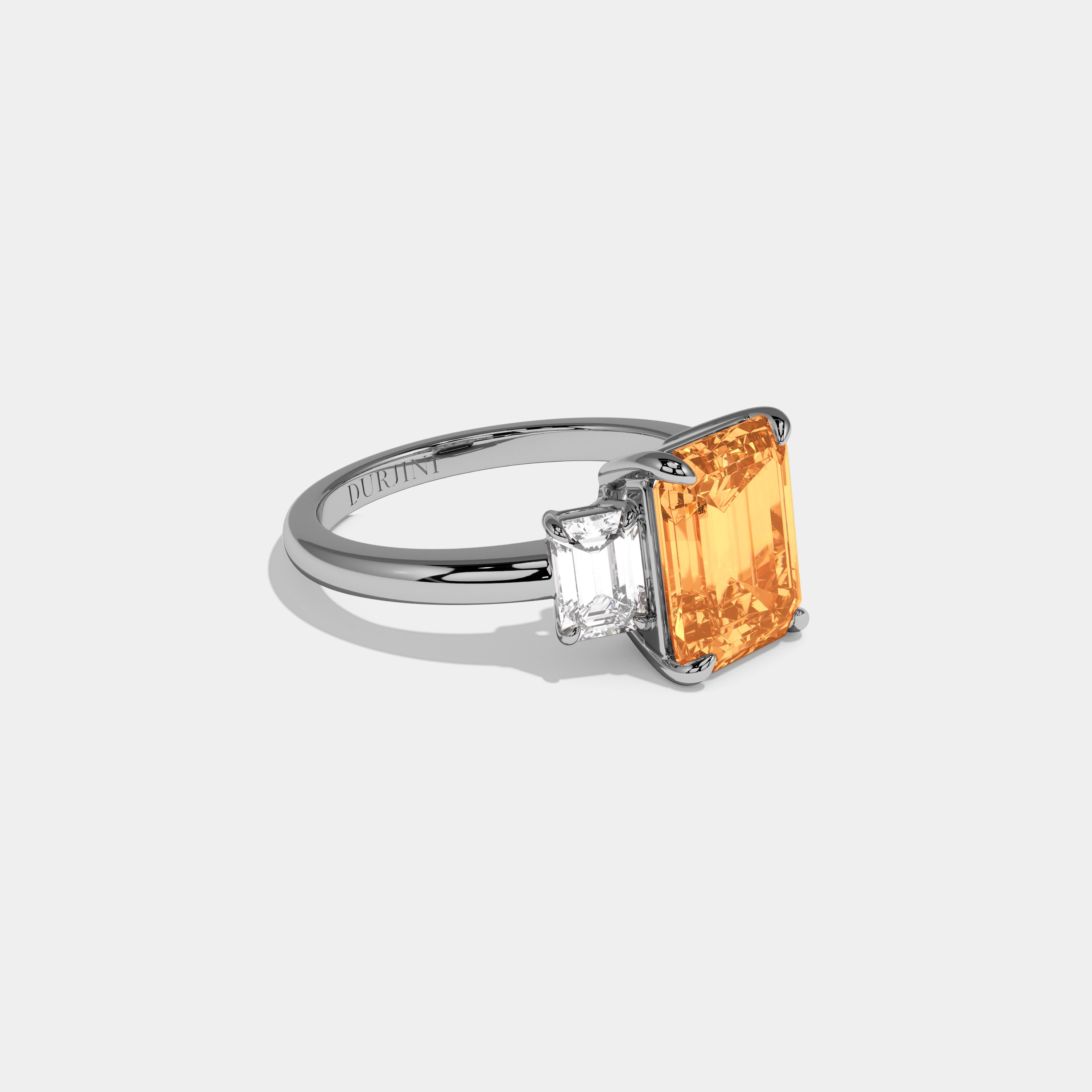 Louisa Fancy Orange Emerald Cut Diamond Plain Band With Emerald Cut Sides Engagement Ring 8ct 18k White Gold