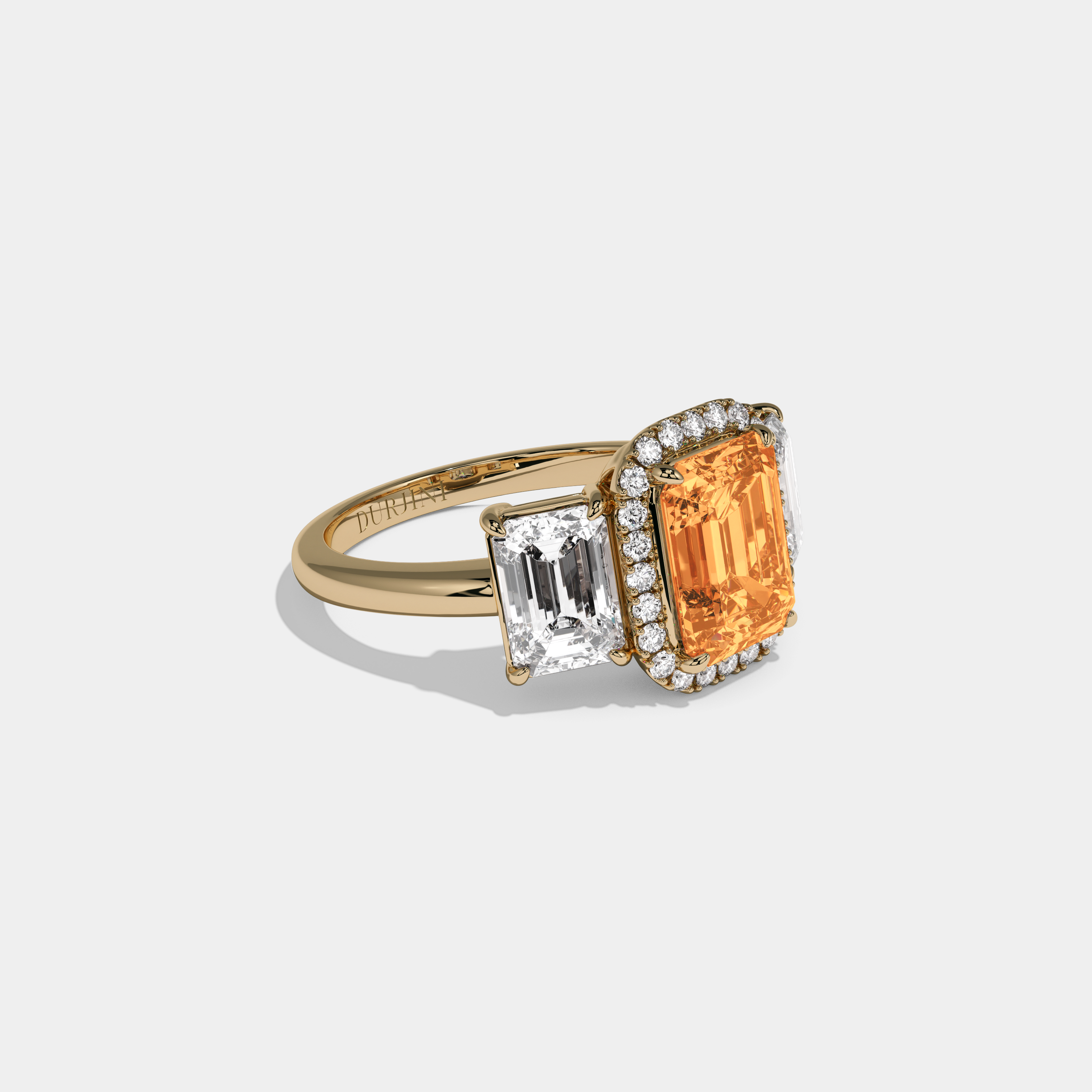 Anne Fancy Orange Emerald Cut Diamond Plain Band With Emerald Cut Sides Engagement Ring 8ct 18K Yellow Gold