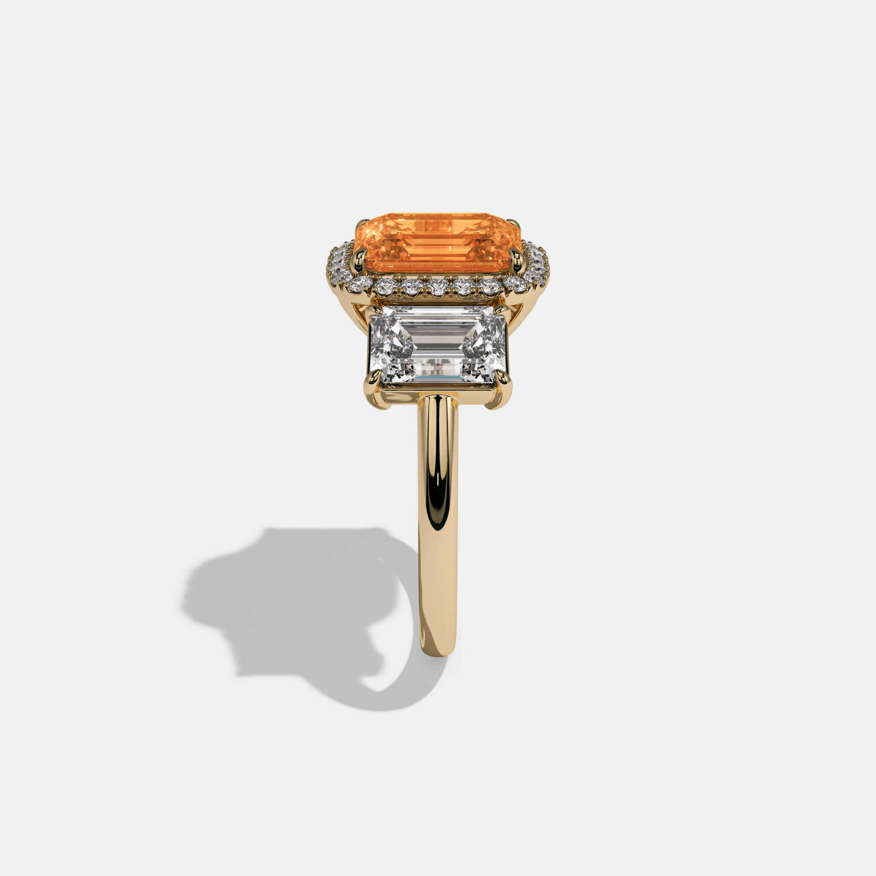 Anne Fancy Orange Emerald Cut Diamond Plain Band With Emerald Cut Sides Engagement Ring 8ct 18K Yellow Gold