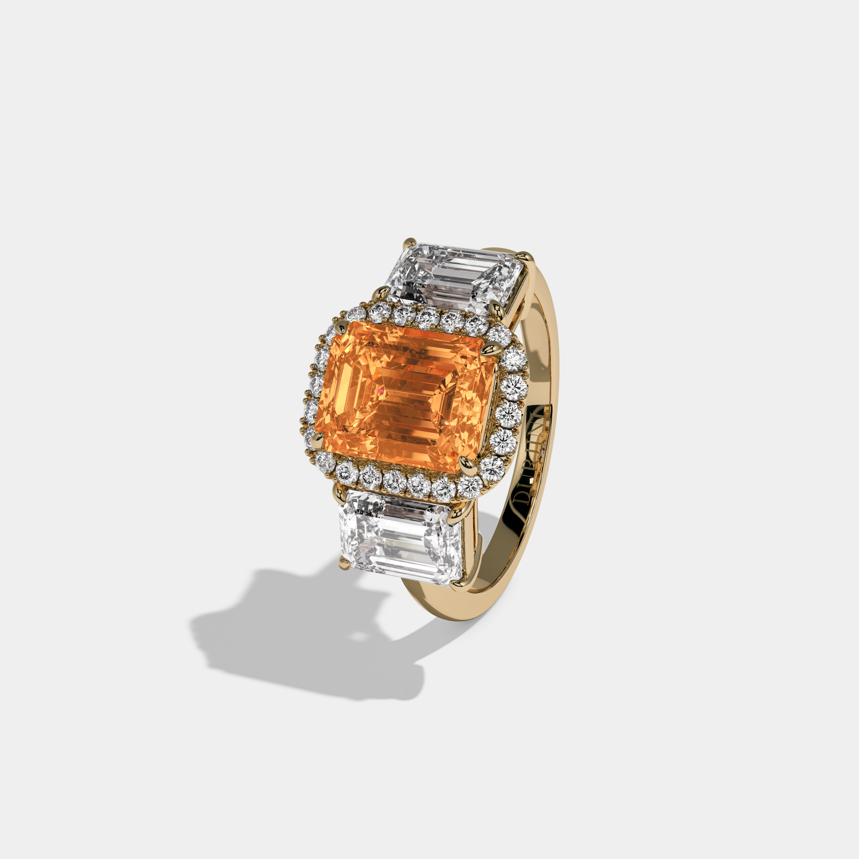 Anne Fancy Orange Emerald Cut Diamond Plain Band With Emerald Cut Sides Engagement Ring 8ct 18K Yellow Gold