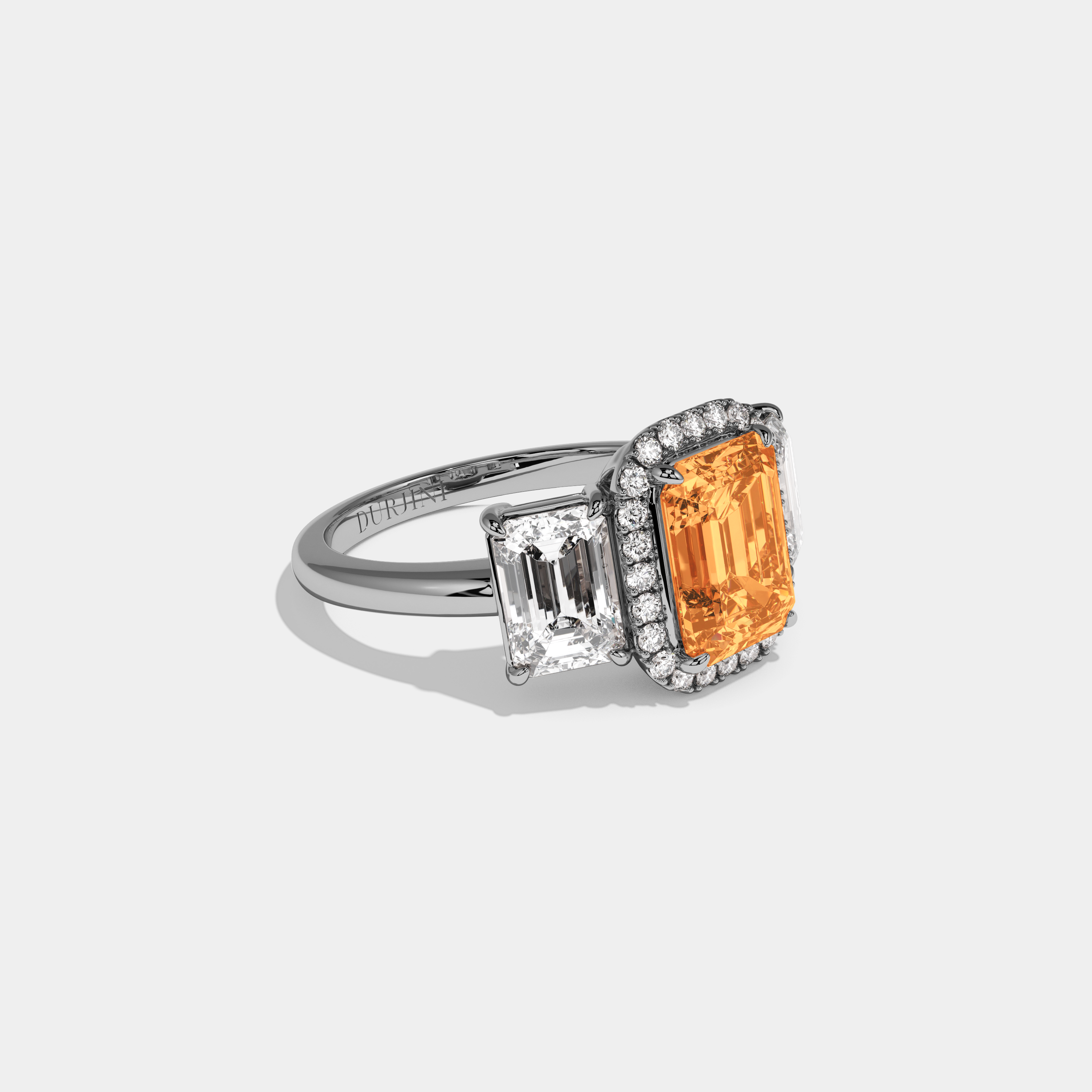 Helena Fancy Orange Emerald Cut Diamond Plain Band With Emerald Cut Sides Engagement Ring 8ct 18K White Gold