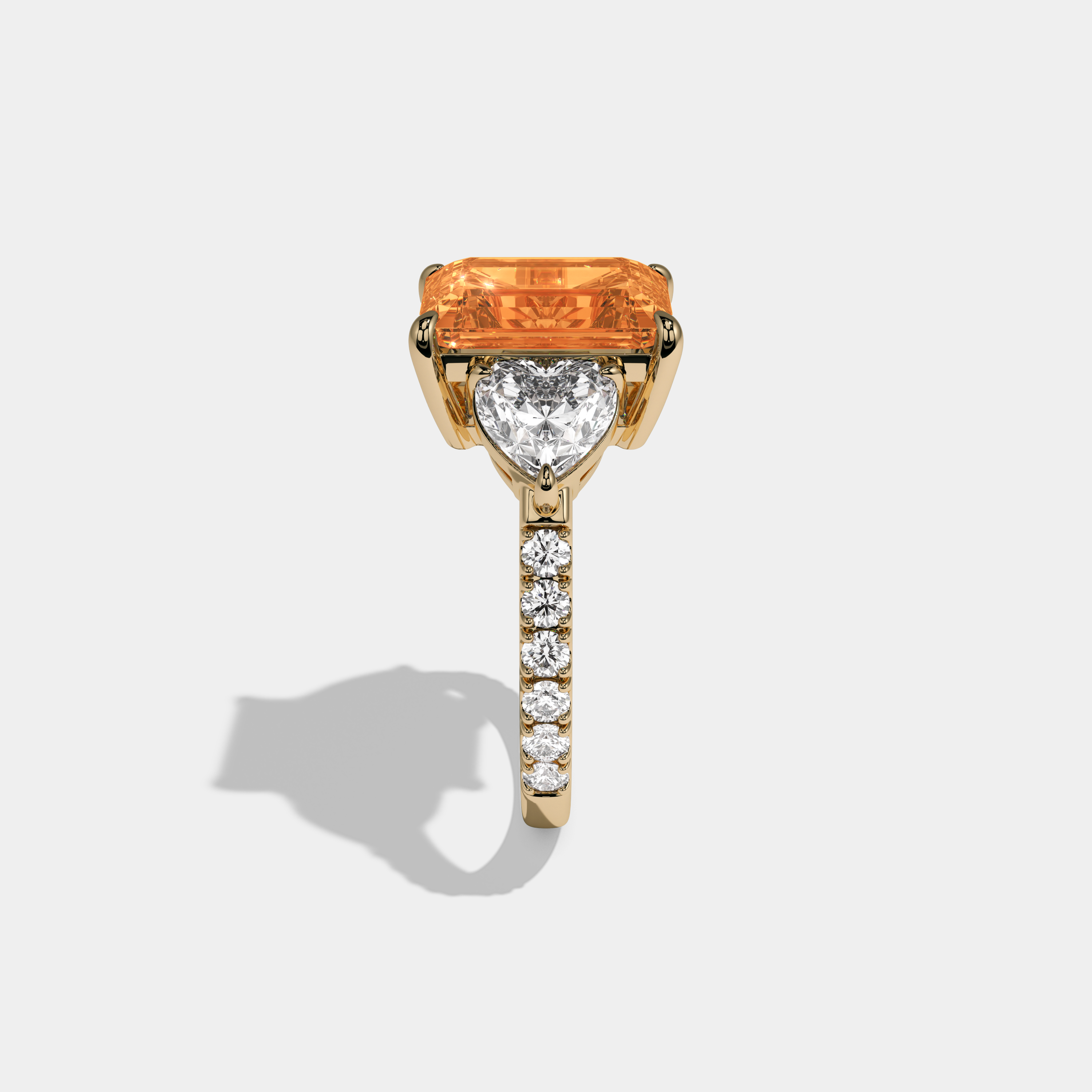 Elizabeth Fancy Orange Emerald Cut Diamond Band With Heart Cut Sides Engagement Ring 8ct 18K Yellow Gold