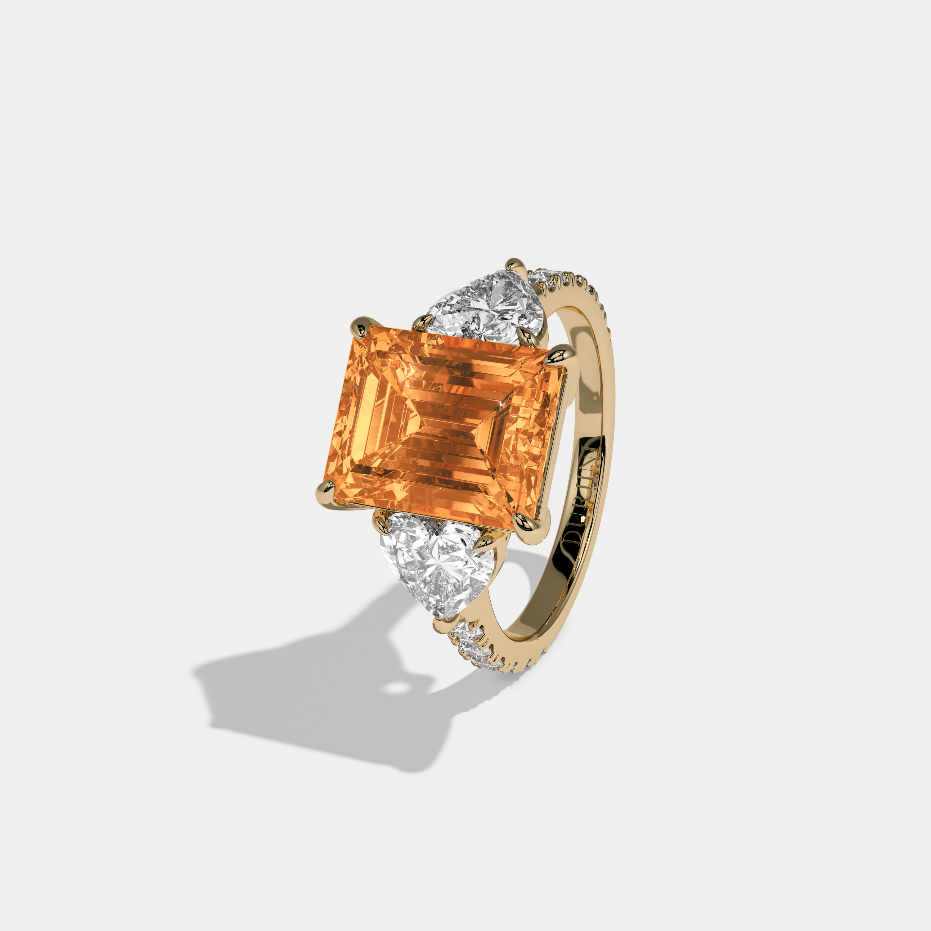 Elizabeth Fancy Orange Emerald Cut Diamond Band With Heart Cut Sides Engagement Ring 8ct 18K Yellow Gold