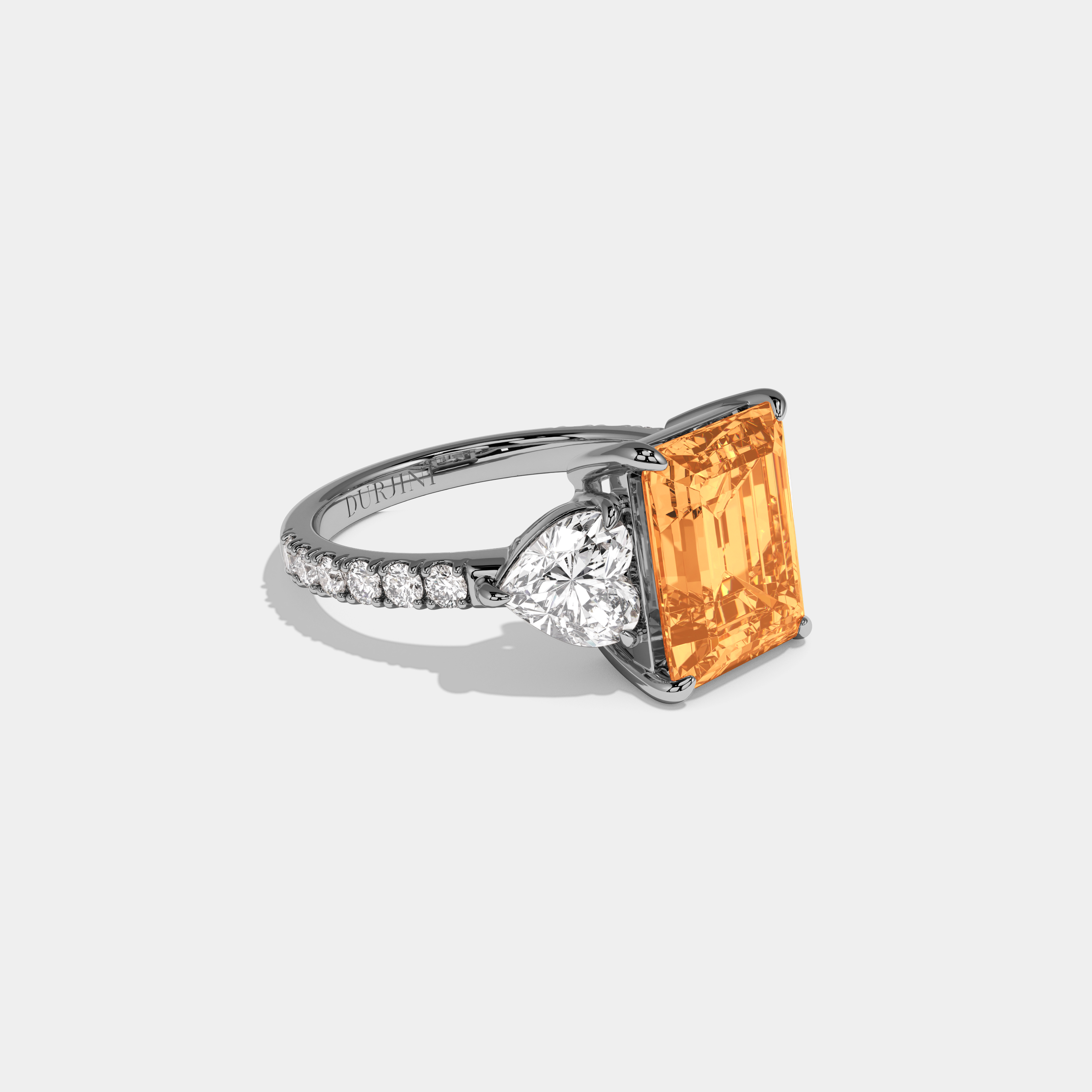 Augusta Fancy Orange Emerald Cut Diamond Band With Heart Cut Sides Engagement Ring 8ct 18K White Gold