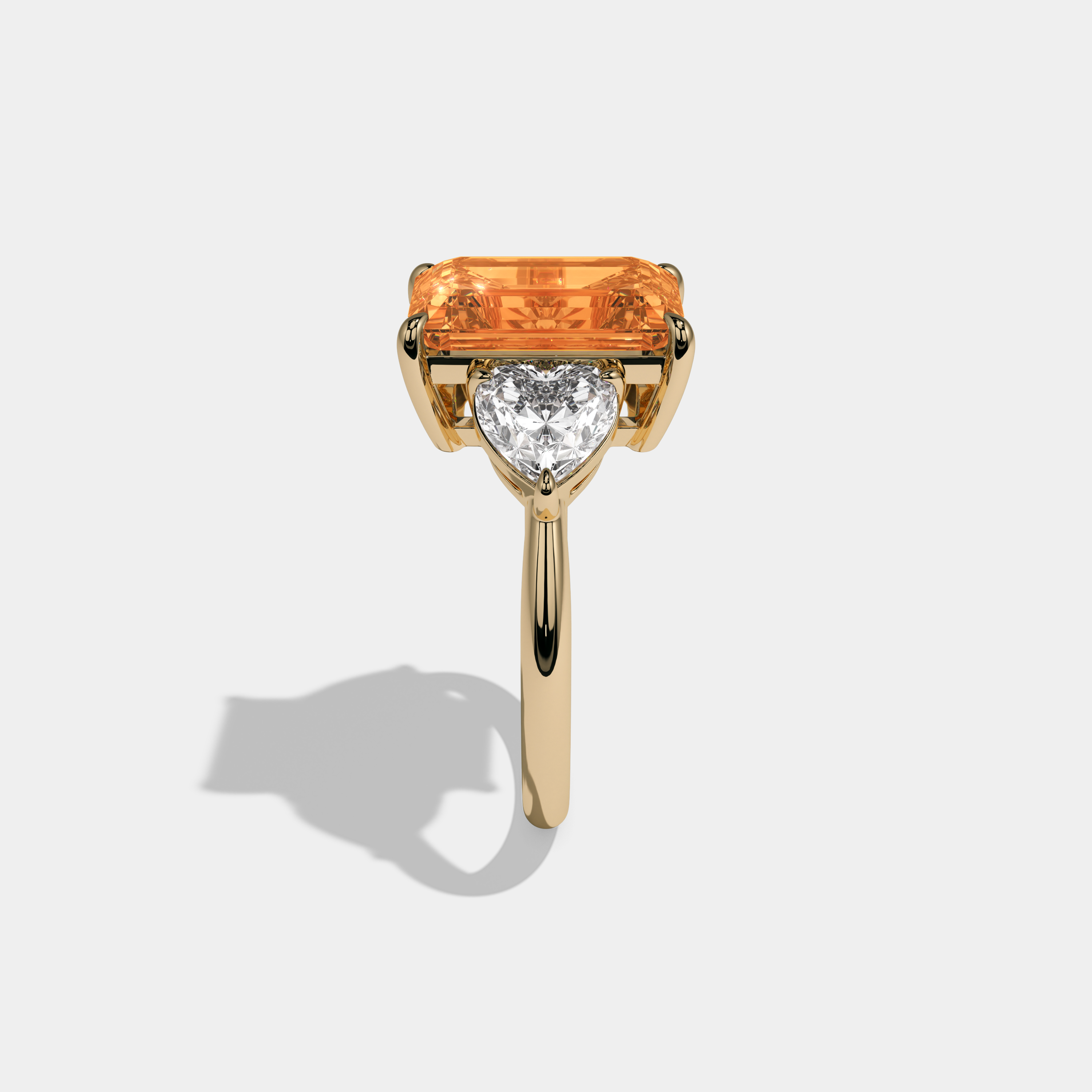 Elizabeth Fancy Orange Emerald Cut Diamond Plain Band With Heart Cut Sides Engagement Ring 8ct 18K Yellow Gold