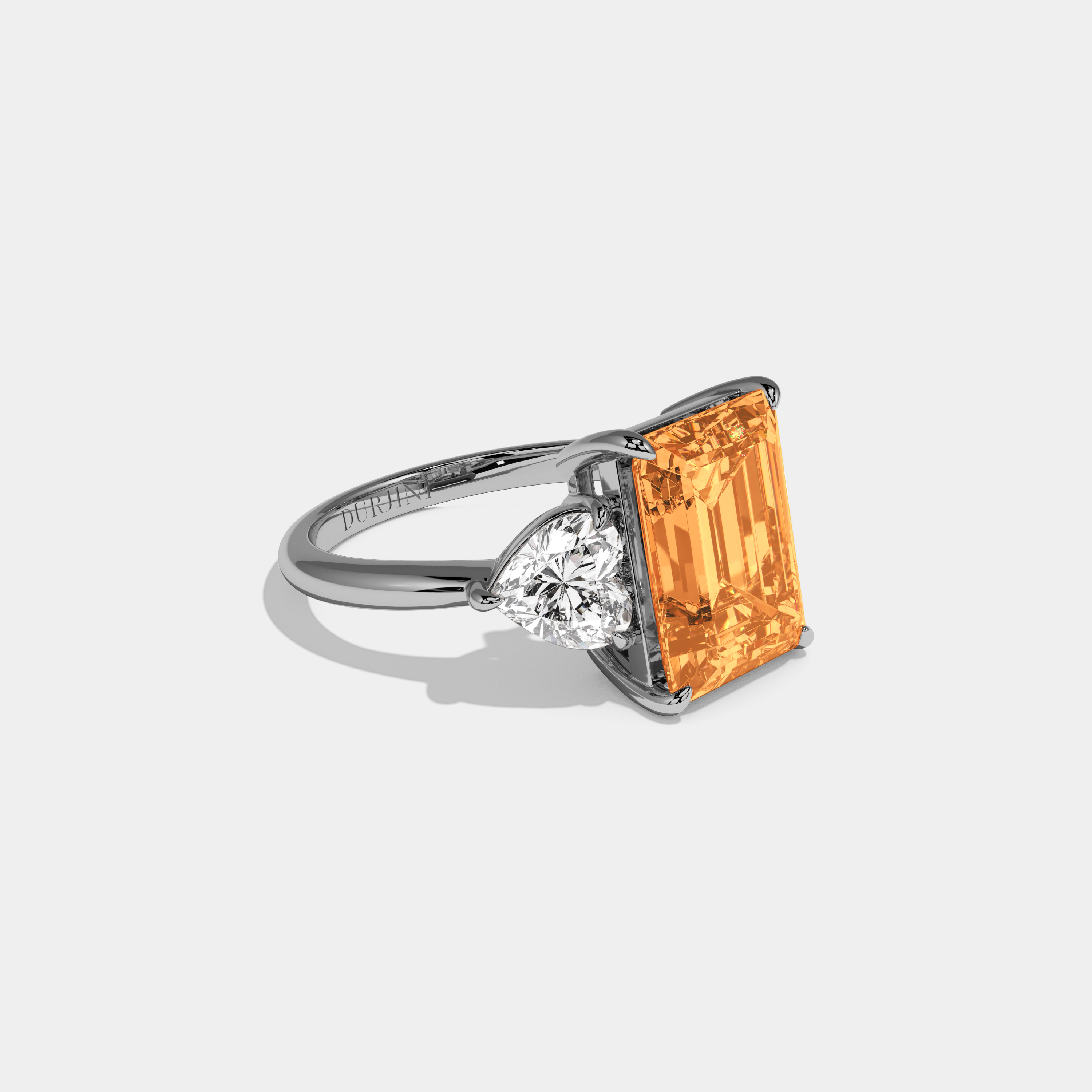 Augusta Fancy Orange Emerald Cut Diamond Plain Band With Heart Cut Sides Engagement Ring 8ct 18K White Gold