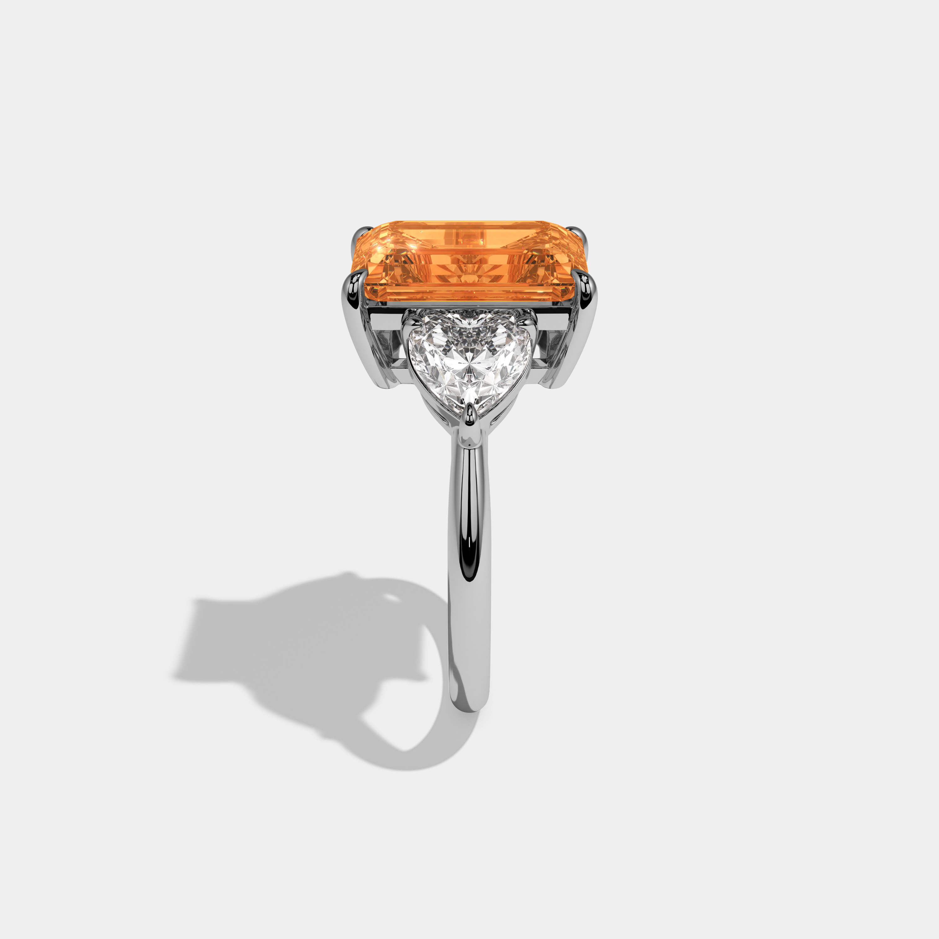 Augusta Fancy Orange Emerald Cut Diamond Plain Band With Heart Cut Sides Engagement Ring 8ct 18K White Gold