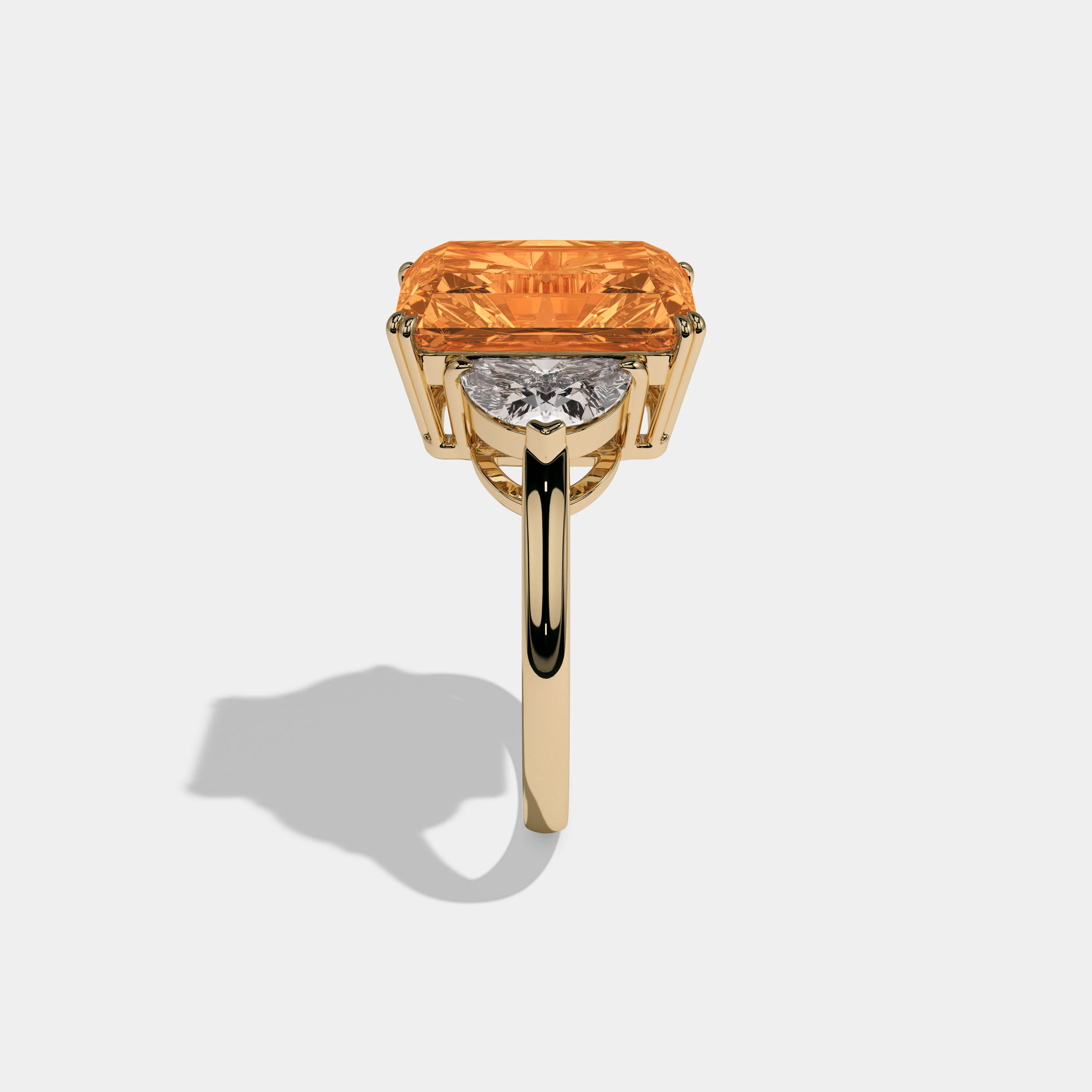 Elizabeth Fancy Orange Radiant Cut Diamond Plain Band With Half Moon Sides Engagement Ring 8ct 18K Yellow Gold