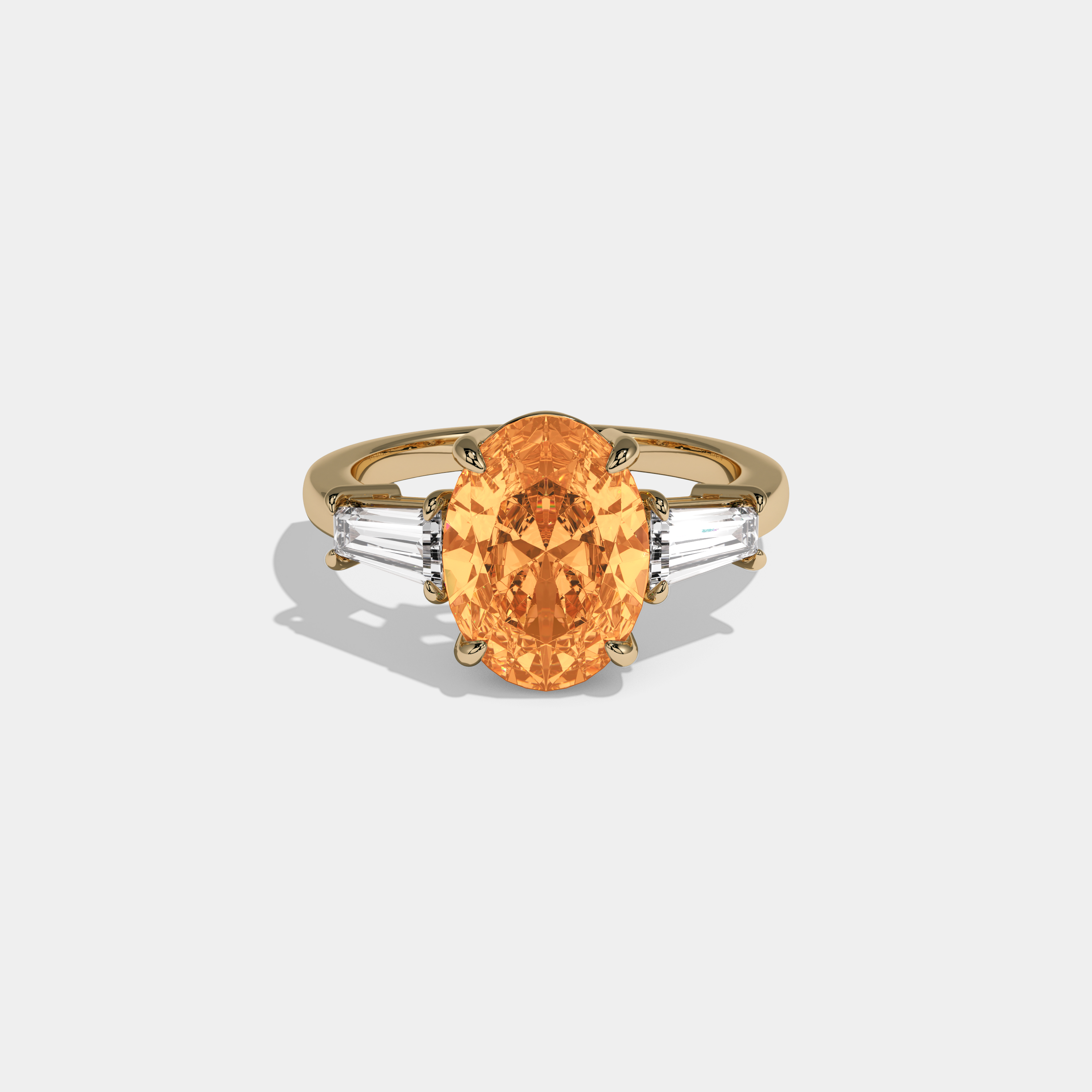 Elizabeth Fancy Orange Oval Cut Diamond Plain Band Engagement Ring With Baguette Cut Sides 6ct 18K Yellow Gold