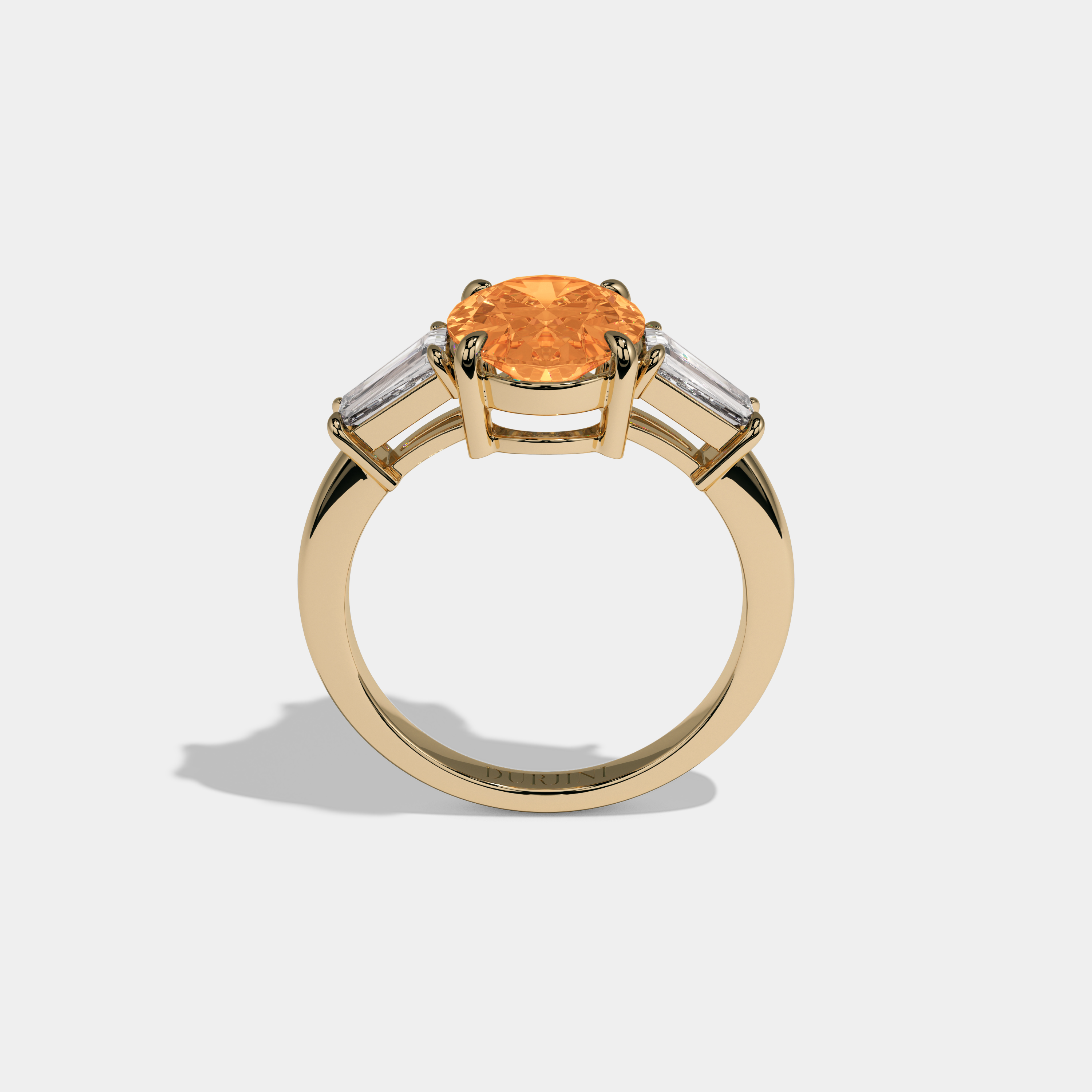 Elizabeth Fancy Orange Oval Cut Diamond Plain Band Engagement Ring With Baguette Cut Sides 6ct 18K Yellow Gold
