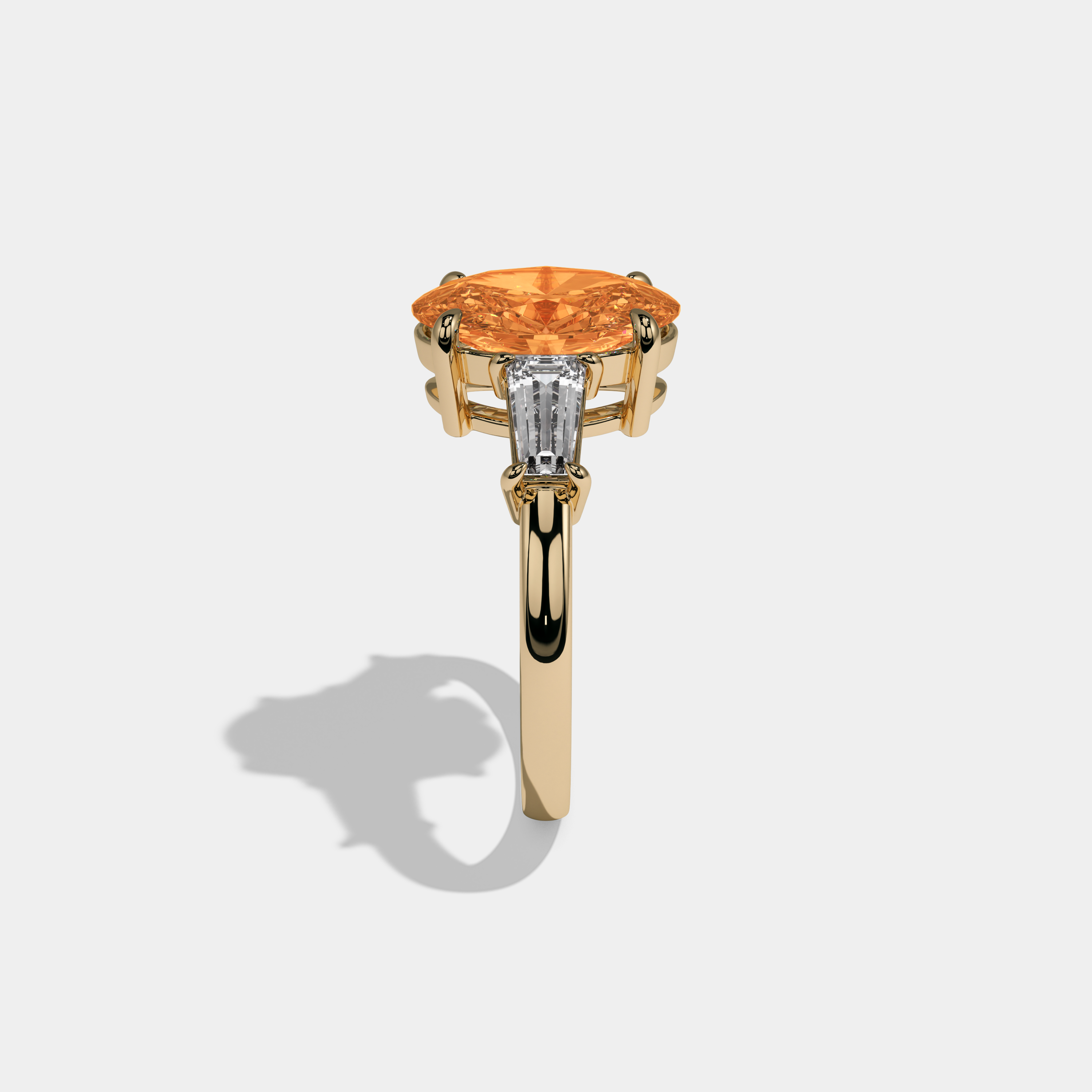 Elizabeth Fancy Orange Oval Cut Diamond Plain Band Engagement Ring With Baguette Cut Sides 6ct 18K Yellow Gold