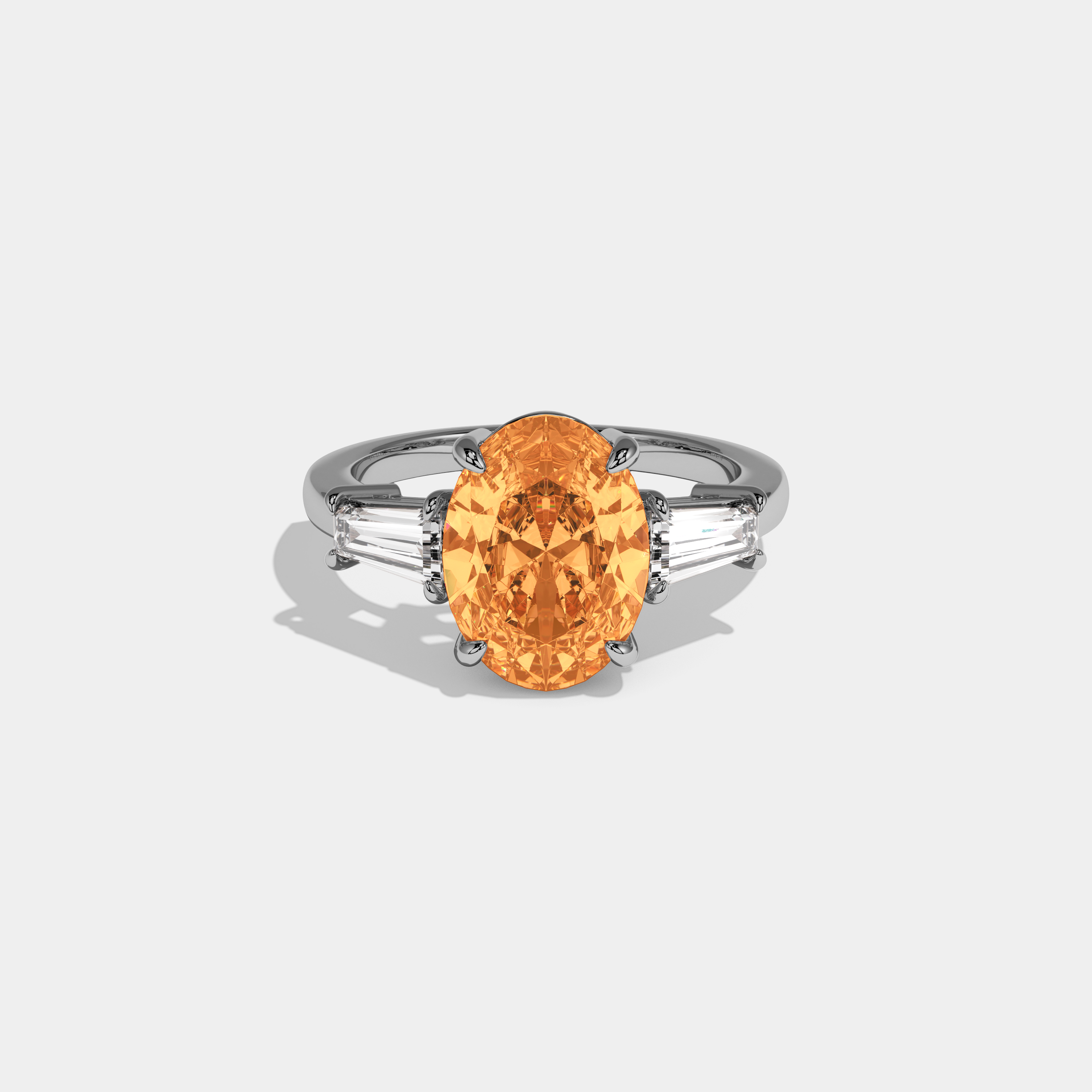 Augusta Fancy Orange Oval Cut Diamond Plain Band Engagement Ring With Baguette Cut Sides 6ct 18K White Gold
