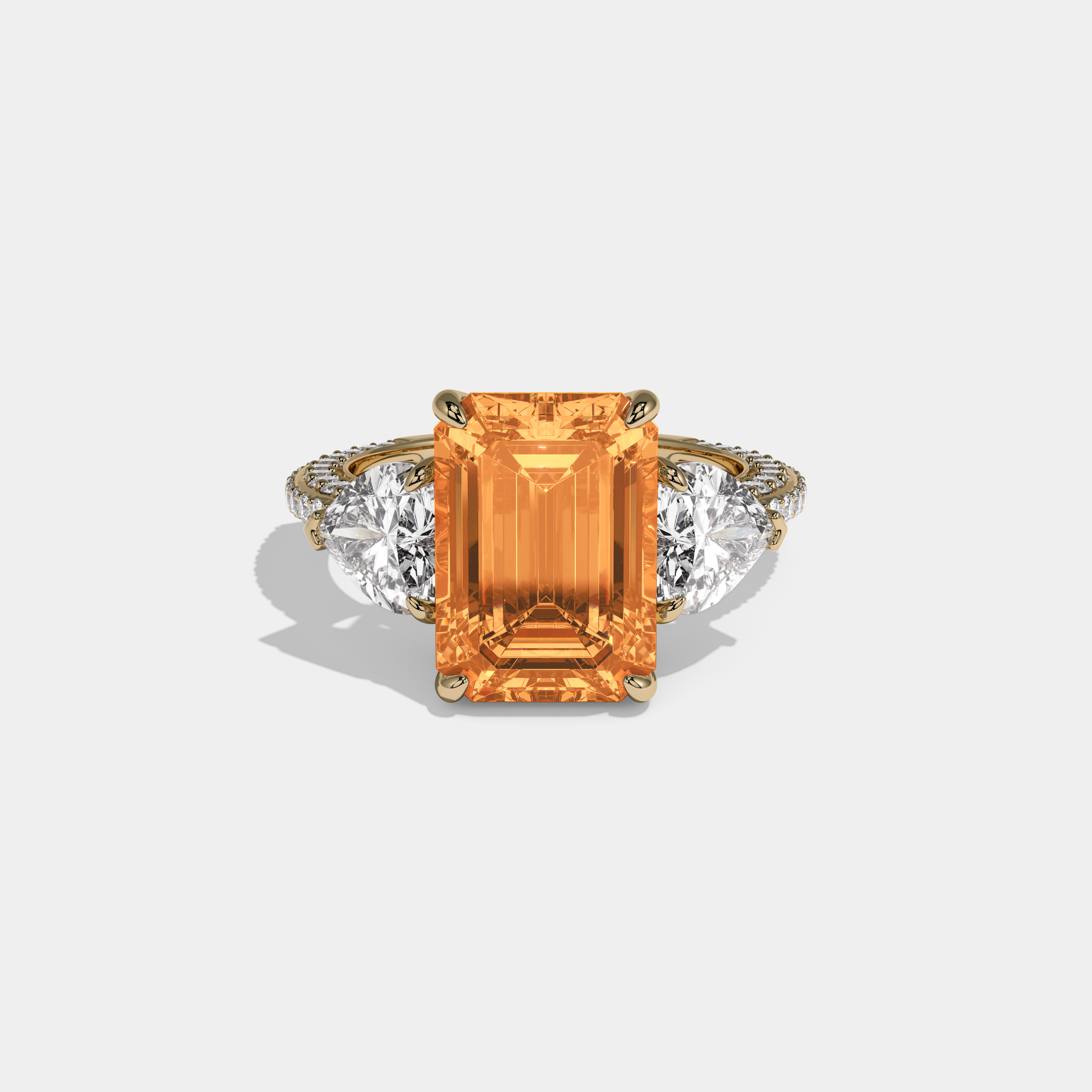 Isadora Fancy Orange Emerald Cut Diamond Band With Heart Cut Sides Engagement Ring 8ct 18K Yellow Gold