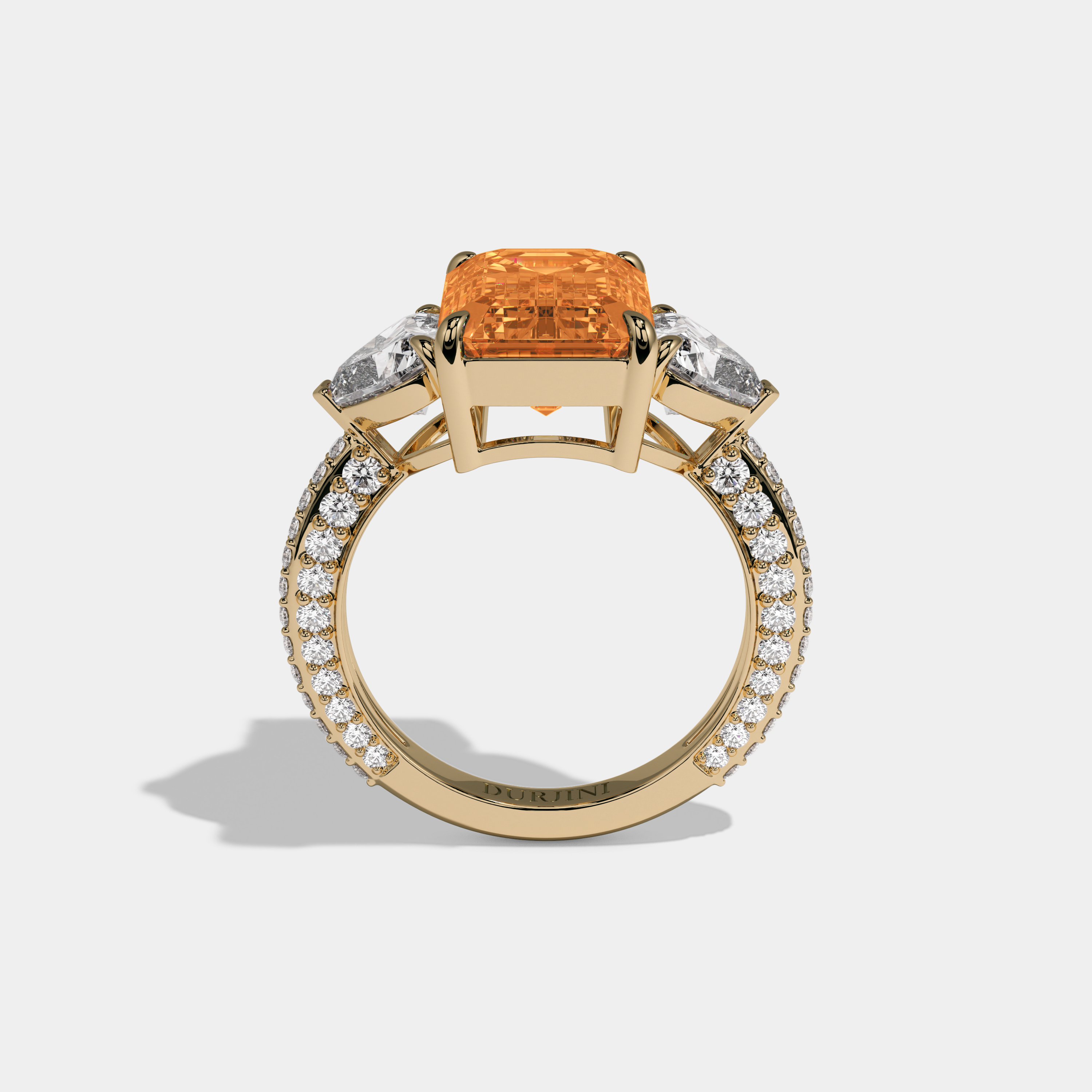 Isadora Fancy Orange Emerald Cut Diamond Band With Heart Cut Sides Engagement Ring 8ct 18K Yellow Gold