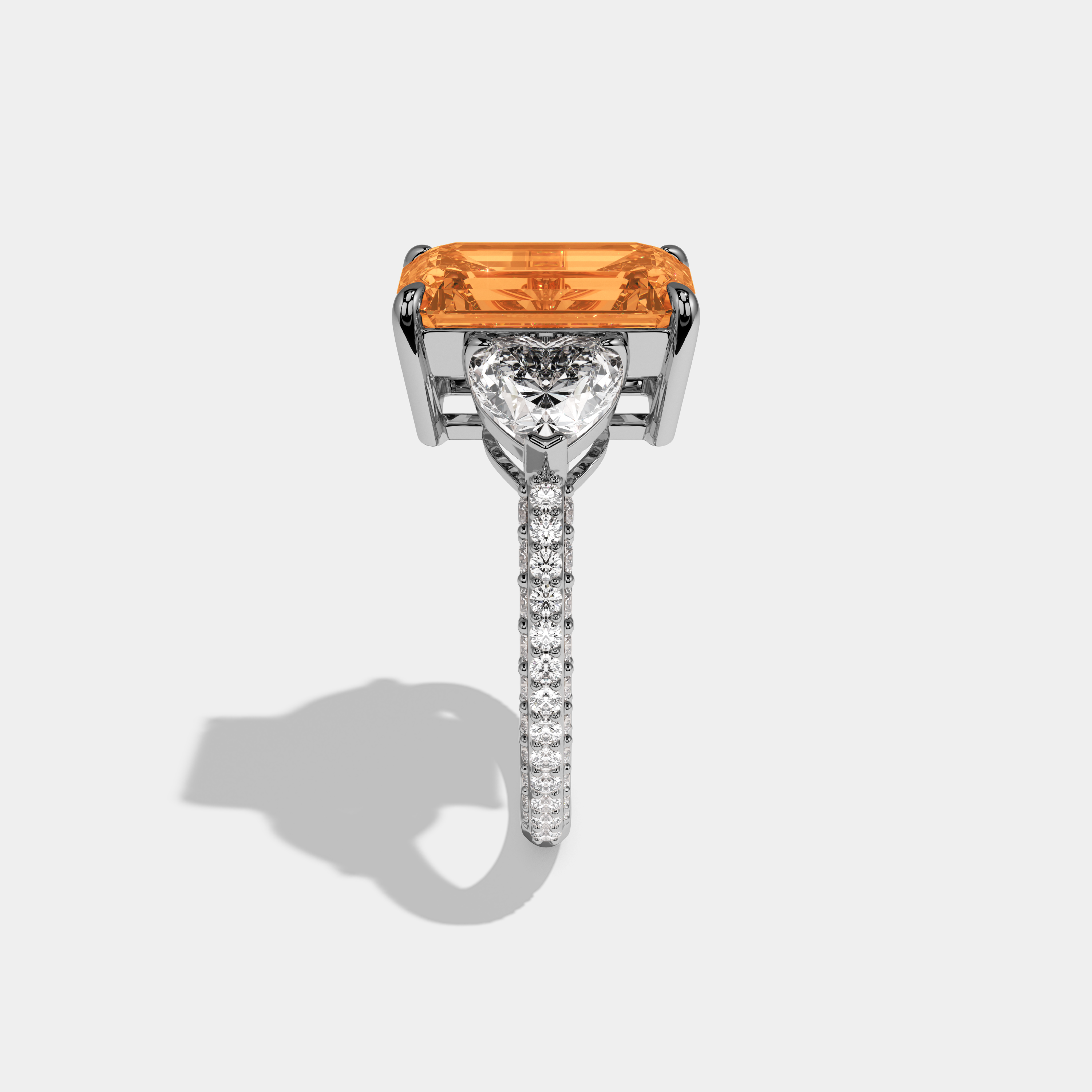 Arabella Fancy Orange Emerald Cut Diamond Band With Heart Cut Sides Engagement Ring 8ct 18K White Gold