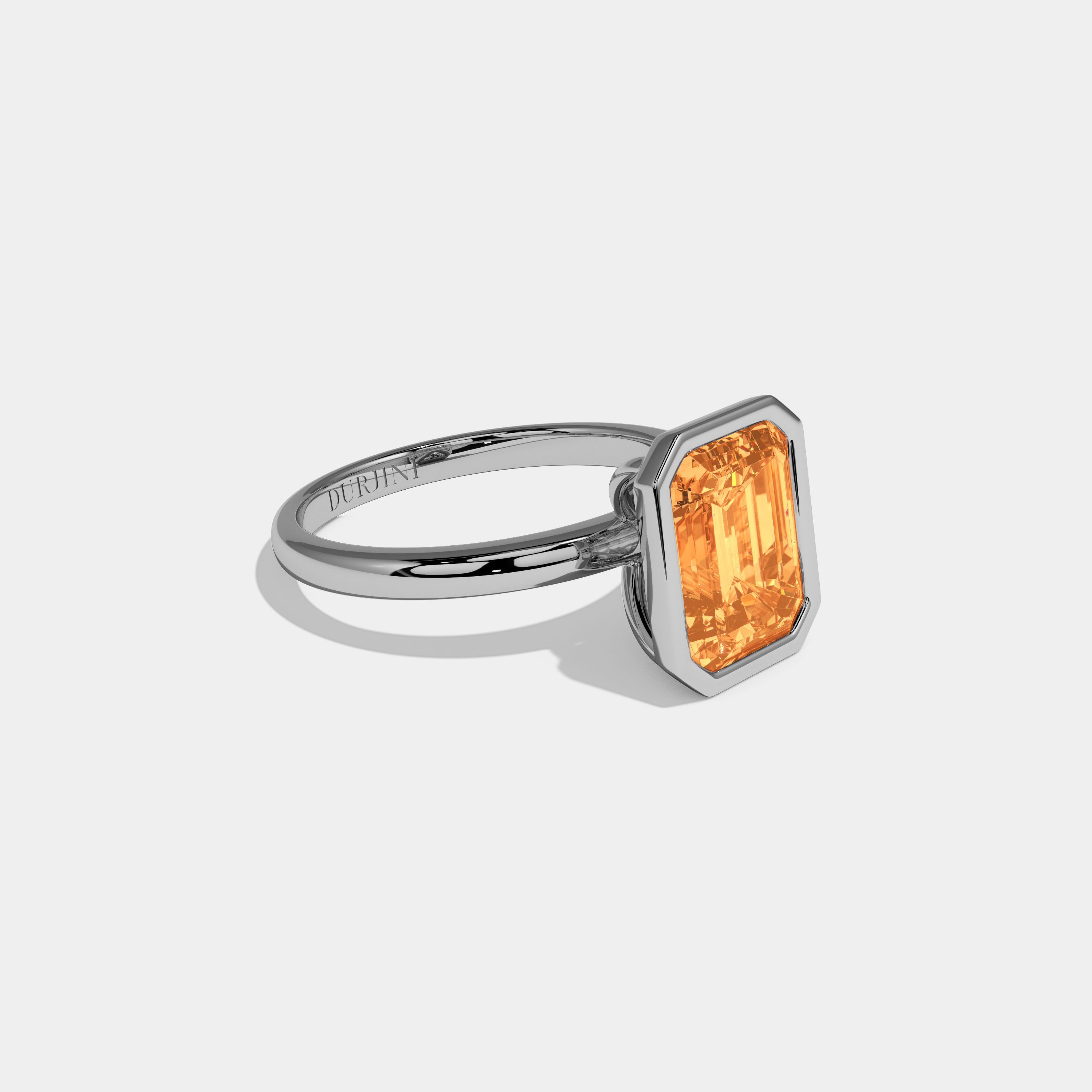 Caroline Fancy Orange Emerald Cut Diamond Plain Band Bezel Engagement Ring 5ct 18K White Gold